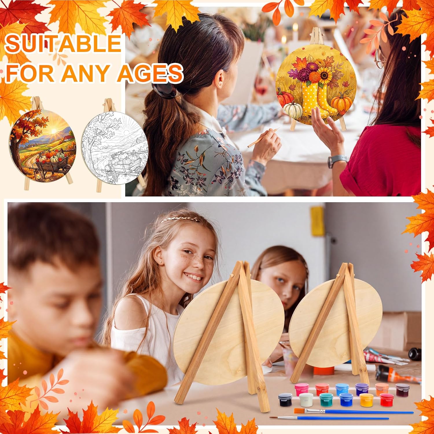 Supervitae 72 Piece Fall Round Pre Drawn Canvas Kit 5.9" Paint and Sip Kit for Adults Painting Party Pre Printed Canvas DIY with Pictures Paints Easels Brushes for Autumn Party Gifts