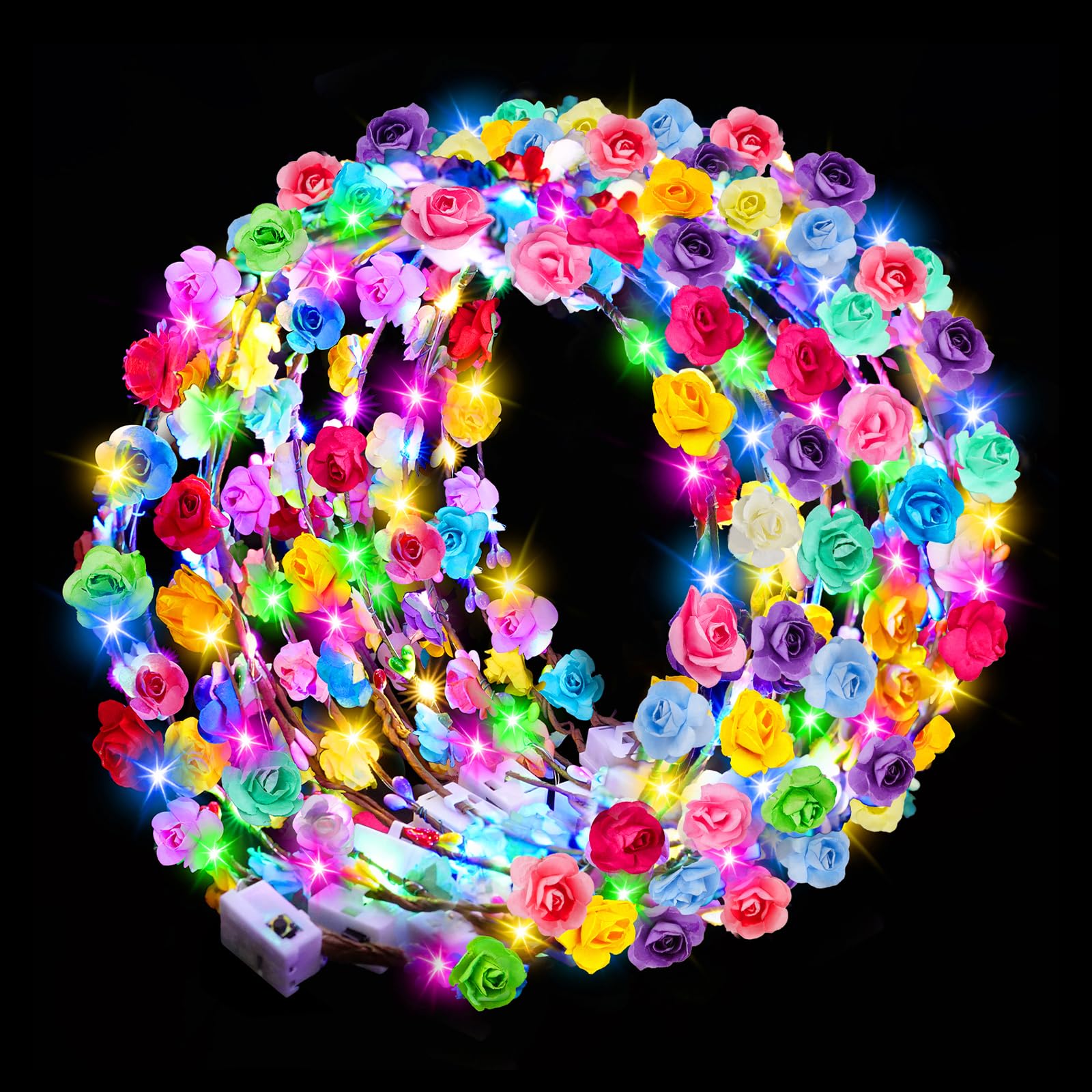 HONLYNE 24 PCS LED Flower Crowns Headbands, Light Up Flower Crowns for Women & Girls, Glow in The Dark Flower Hairbands Wreath for Wedding Beach Party