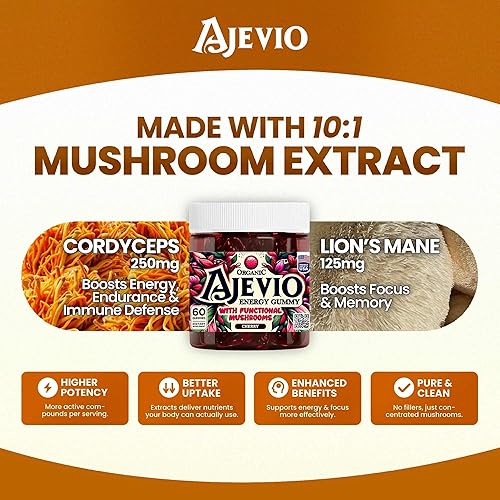 Miniatura 2 de Gomitas Energy & Focus  Mane de león orgánico y hongos Cordyceps, cafeína a base de plantas, L-teanina y vitaminas B, nootrópico para resistencia,