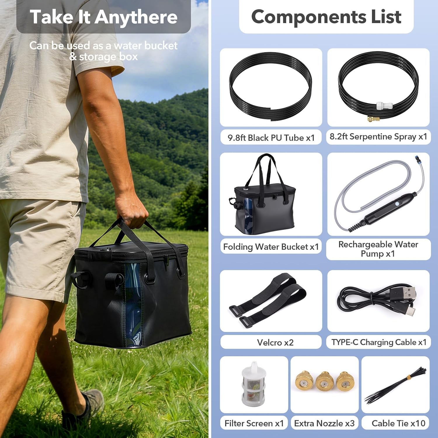 Neitra Portable Misting Systems, Water Misters Cooling Outdoor with 5000mAh Water Pump, 20L Bucket, 9.8FT Hose & 8.2FT Cobra Mist Stand for Patio/Umbrella/Poultry/Golf Cart/Camping