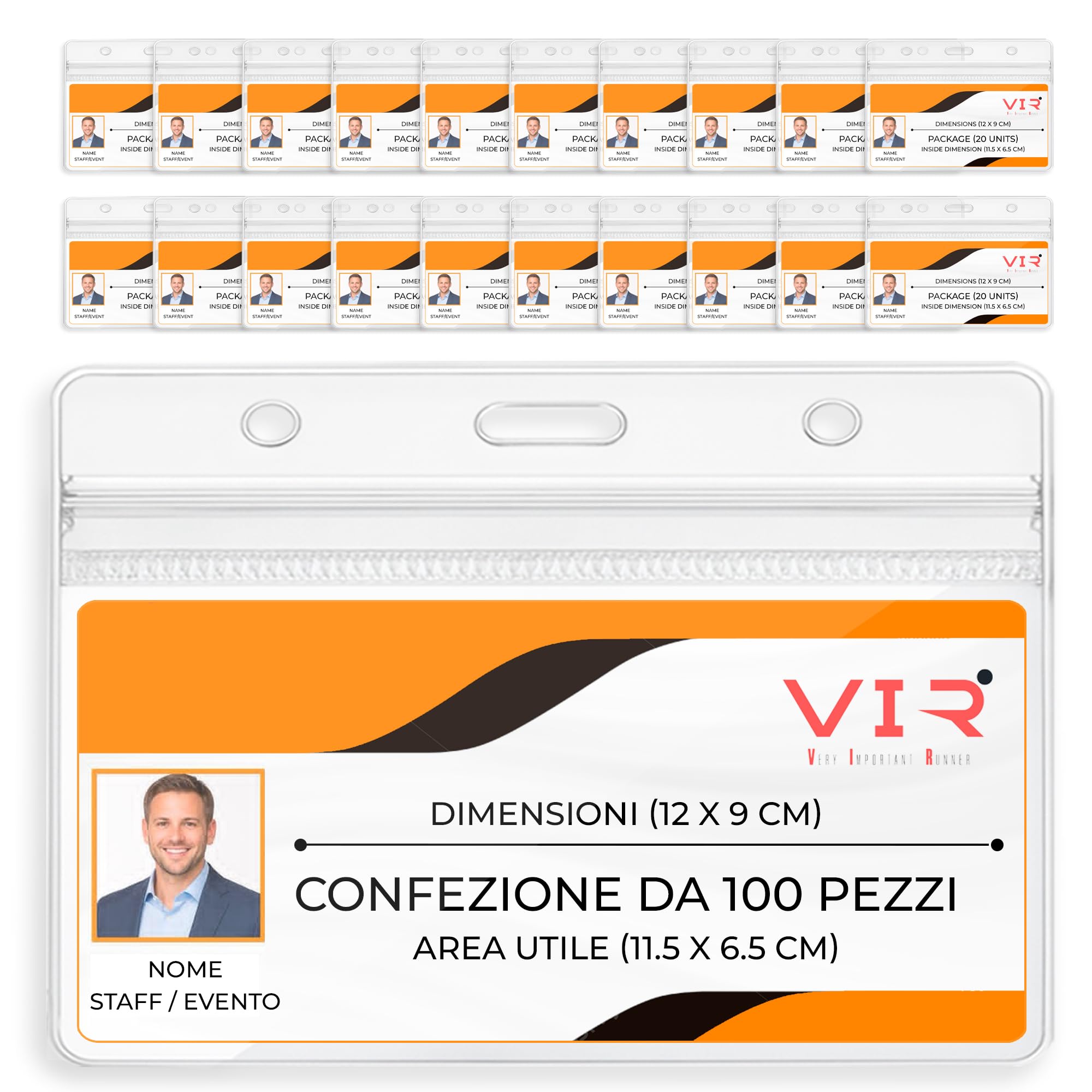 Porta Badge Trasparenti Impermeabile in PVC con Bordi Termosaldati e Apertura Superiore - 100 Pezzi