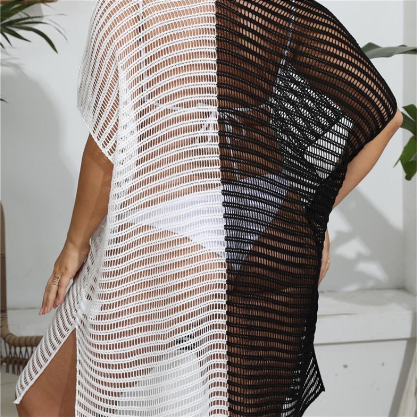 Vestido Playa Mujer Vestido playero de manga corta con parches sólidos for mujer, talla grande, for playa