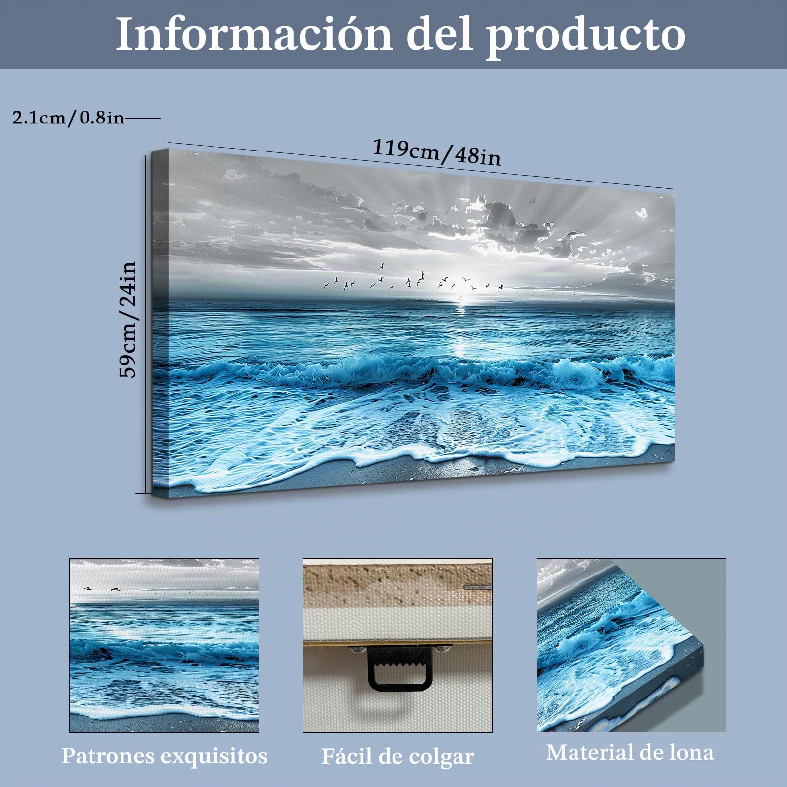 JHHUAMO Cuadros Decorativos Natural Mar para Salon Dormitorio 59x119 cm | Motivo Amanecer Marino con Olas, Motivo Exquisito, Impresión Alta Definición, Colgado Sencillo, Uso Polivalente