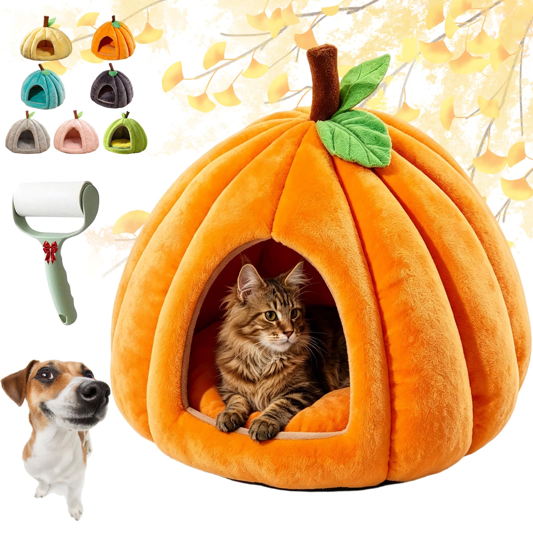 Halloween Cat Cave Bed With Removable Cushion, Pumpkin Shaped Cat Bed，A：M — image 1