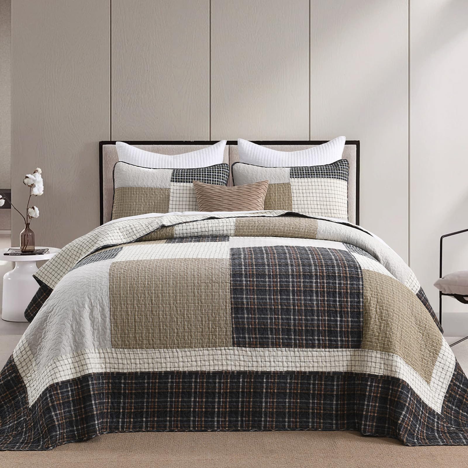 Übergroße Tagesdecke Aus 100% Baumwolle – Queen Size Mit Kissenbezügen Im Karierten Landhaus-Design