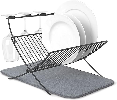 Umbra XDRY Estante de secado de platos y alfombrilla de microfibra  Diseño ligero que ahorra espacio se pliega para un fácil almacenamiento carbón