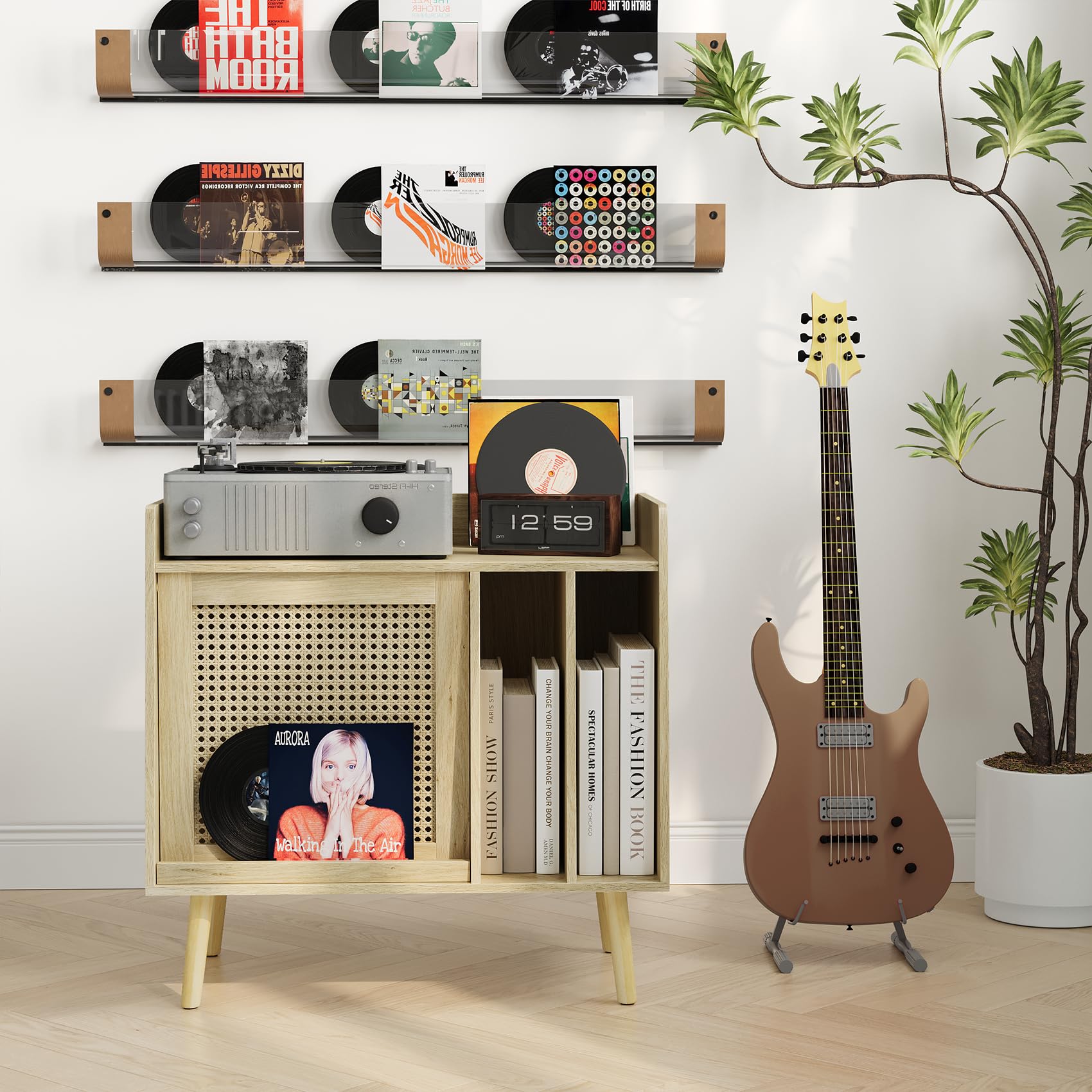 Semiocthome Plattenspieler-Tisch mit Vinyl-Aufbewahrungsfunktion, Schallplattenständer mit Rattan-Schranktüren und Massivholz-Tischbeinen, geeignet für Plattenspieler. (klein)