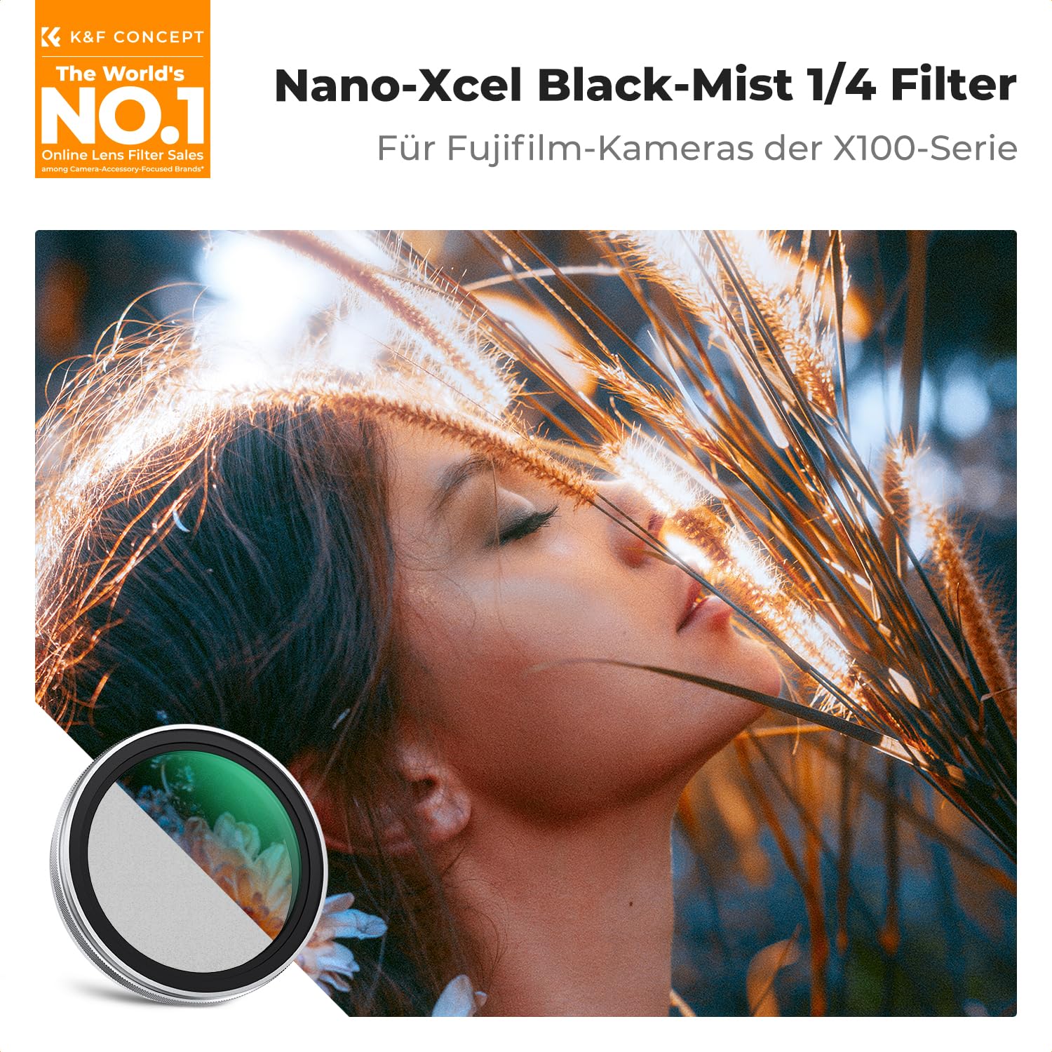 K&F CONCEPT Black-Mist 1/4 Filter Kompatibel mit Fujifilm Kamera X100-Serie,Black Promist 1/4 Filter Kompatibel mit Fujifilm Kamera X100/X100F/X100S/X100T/X100V/X100VI-Silber (Nano-Xcel Serie)