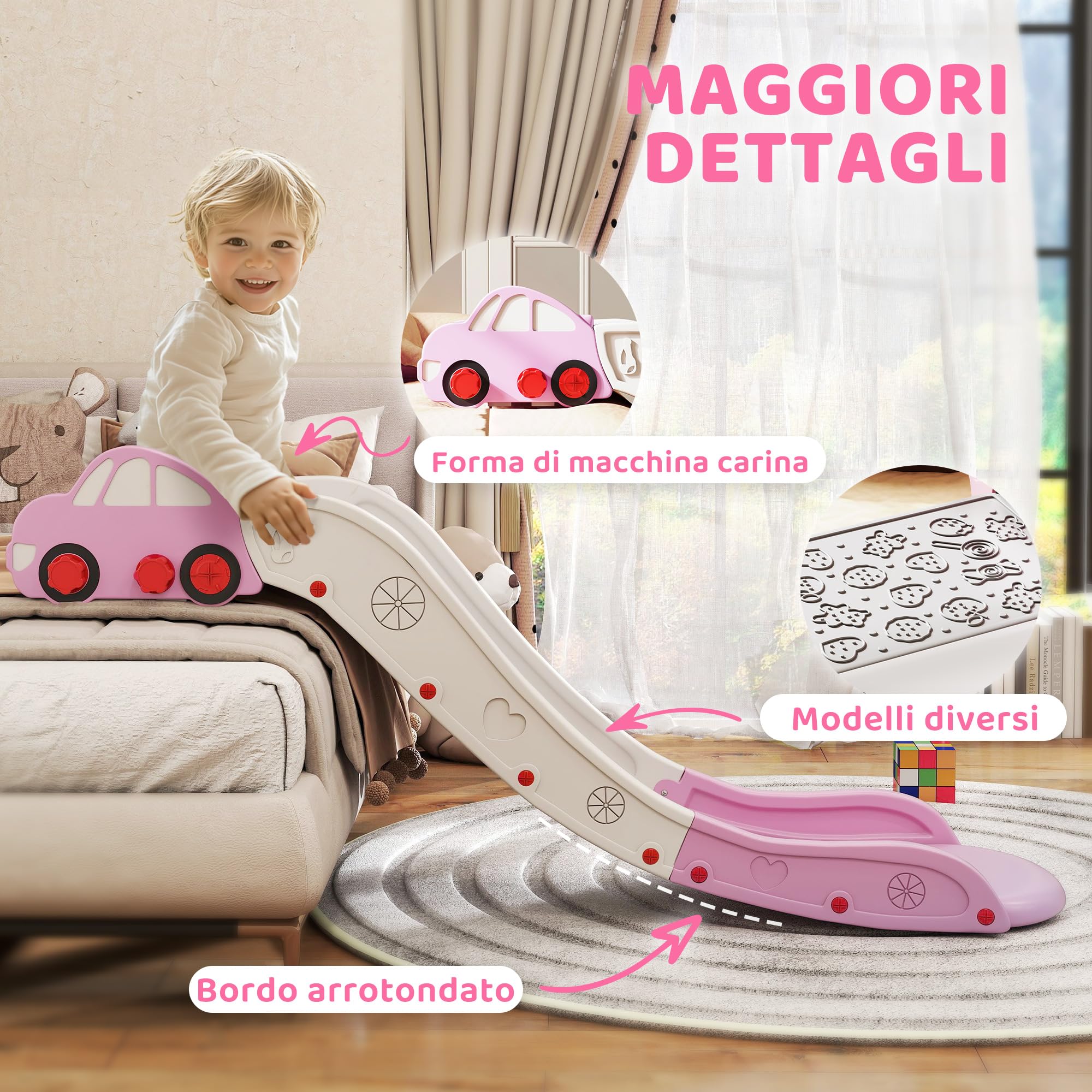 AIYAPLAY Scivolo per Bambini in HDPE con Zona di Ammortizzazione Integrata, 175x43x73 cm, per Divani, Letti e Superfici Alte 40-60 cm, Età 18-48 Mesi, Carico Massimo 30kg, Rosa