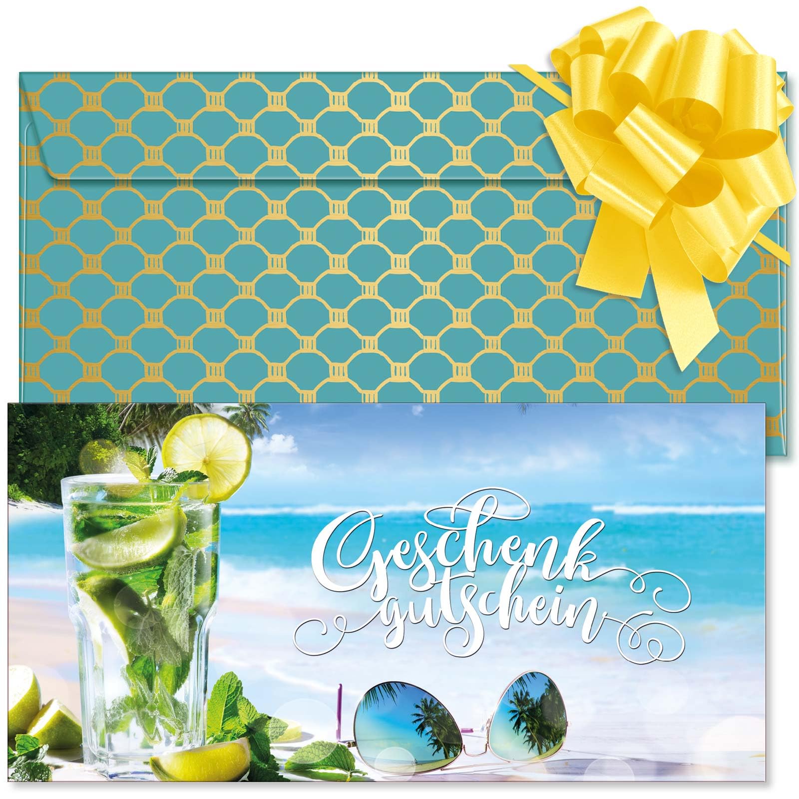 GESCHENKGUTSCHEINcom. 50 Formulare zum Erstellen eigener Gutscheine + Kuvert + Schleife, für Reisebüro Reise. Reisegutschein. R9220-2-50