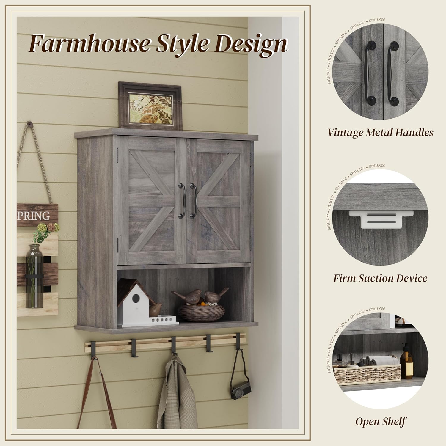 Smuxee Farmhouse Bathroom Cabinet Wall Mounted, Washed Grey Small Medicine Cabinet with Adjustable Shelf, Bathroom Cabinet for Living Room, Laundry Room