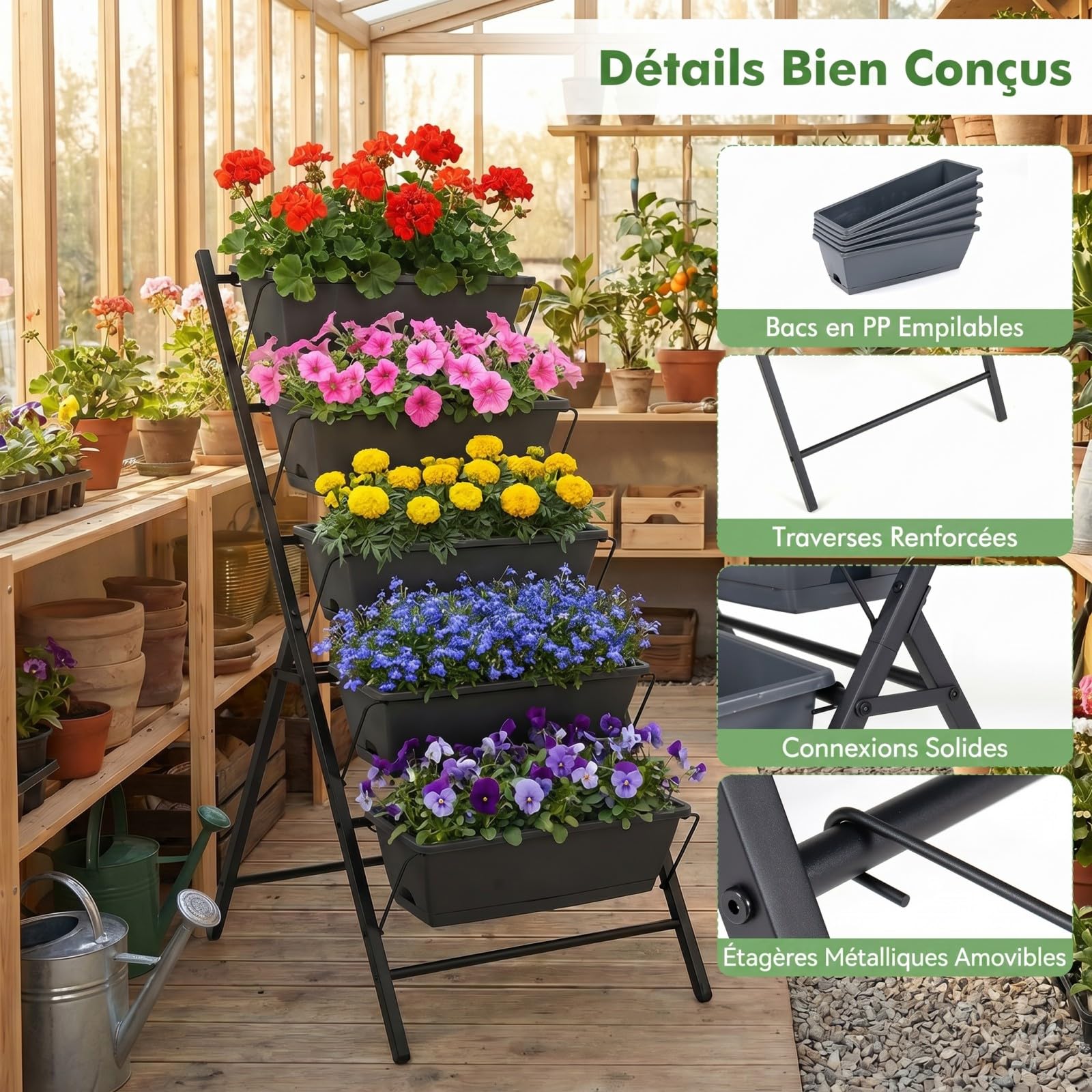 COSTWAY Jardinière Verticale Surélevée à 5 Niveaux sur Pied, Bac à Fleurs Autoportante avec 5 Bacs de Plantation et Trous de Drainage Plateau Amovible, pour Jardin Balcon Terrasse (Noir)