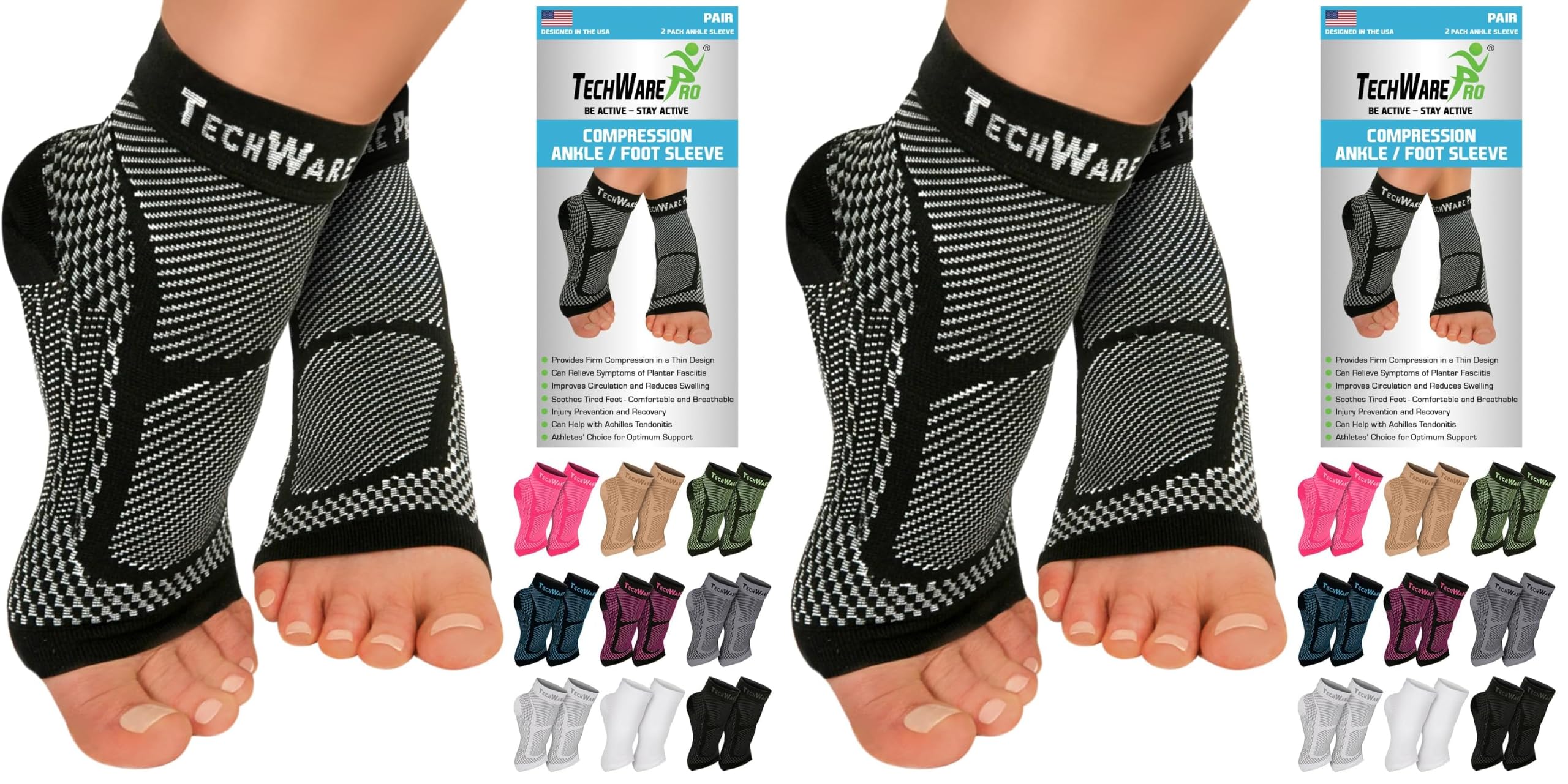TechWare Pro Ankle Brace Compression Sleeve - Plantar Fasciitis Sock. Relieves Achilles Tendonitis. Foot Arch Support Reduces Joint Pain, Swelling &amp; Heel Spur Pain. Injury Recovery Braces for Sports