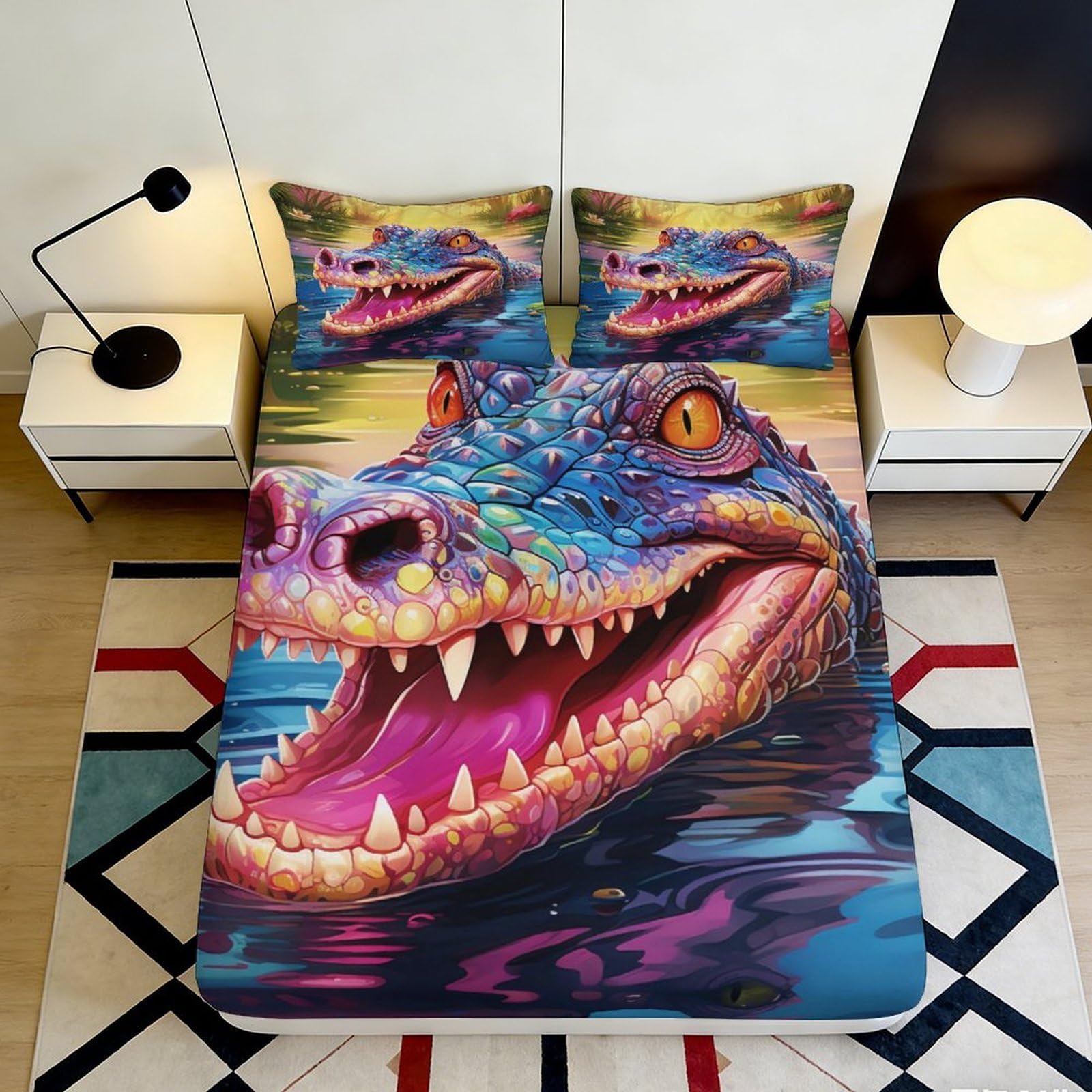 3D Printed Colorful Crocodile Fitted Sheet Microfiber Soft Breathable Alligator Head Mattress Cover for Bedroom Dormitory Guest Room Protection Decor 120x200x25cm
