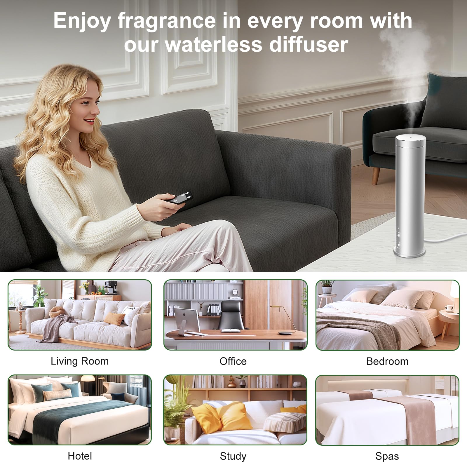 Diffusore di oli essenziali senz'acqua per la casa, l'ufficio, l'hotel e le terme, diffusore di oli profumati per aromaterapia, telecomando, timer, argento