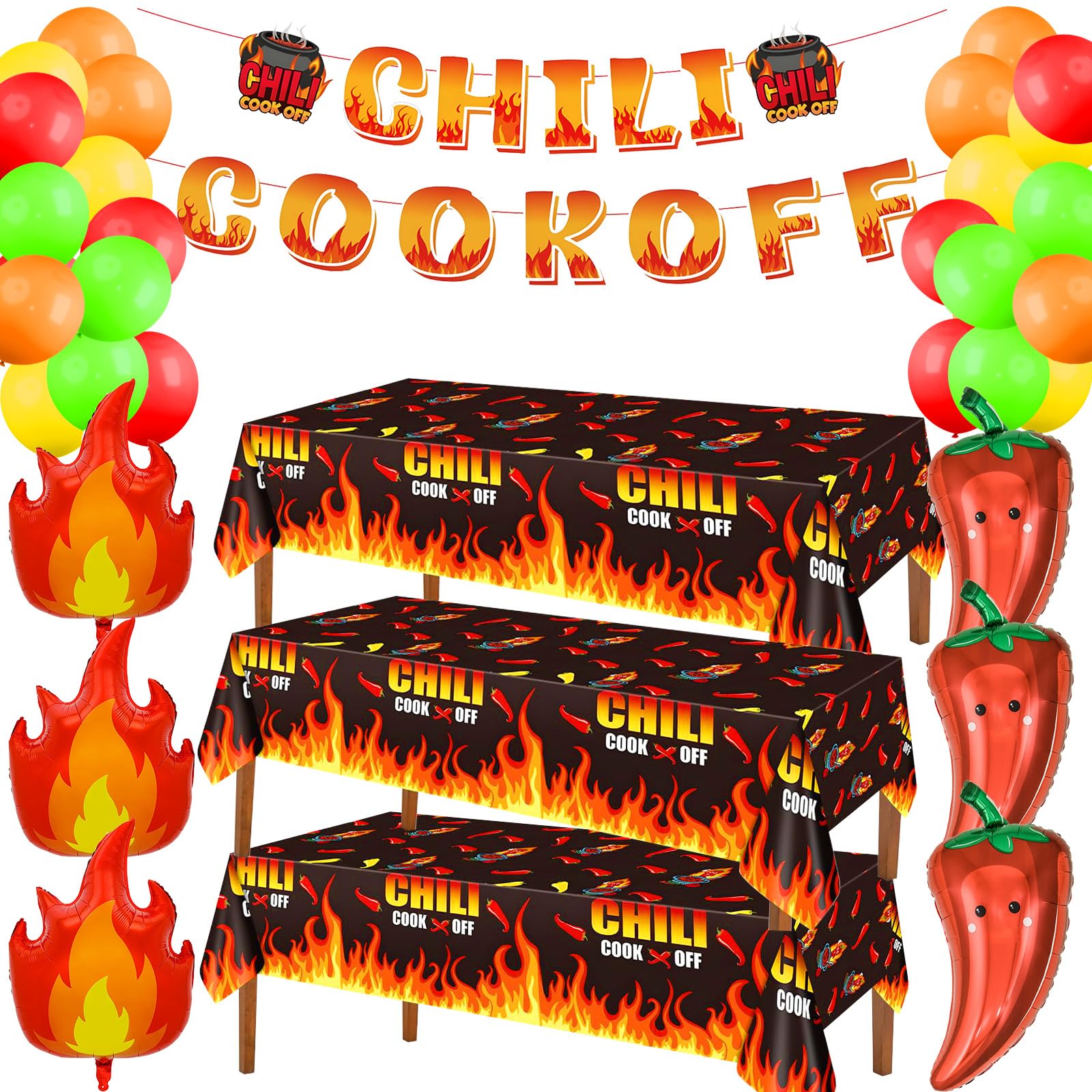 Chili Cook Off Party Decorations Set with 3 Pepper Tablecloth, Banner