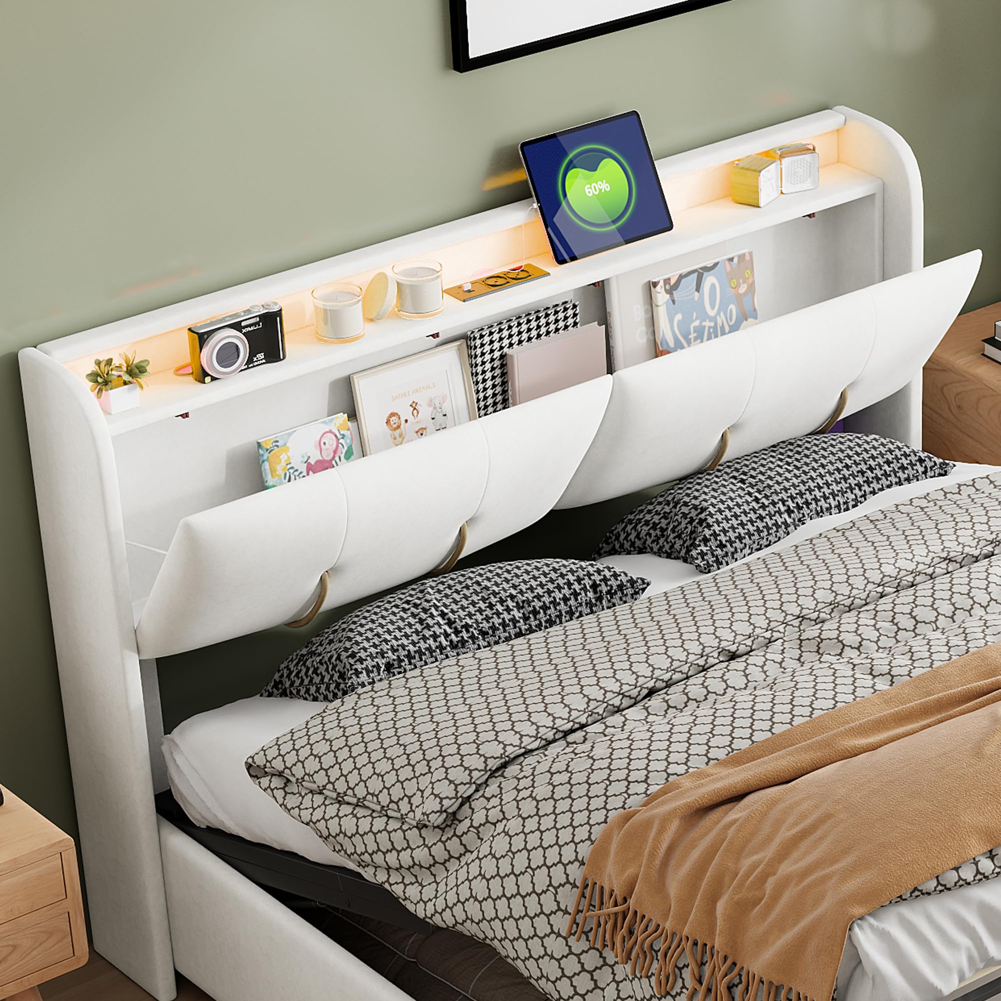 CDQL Letto matrimoniale 160 x 200 cm con vano contenitore pneumatico, Letto contenitore con 1 cassetto, porta USB e luci LED, rivestito in velluto beige