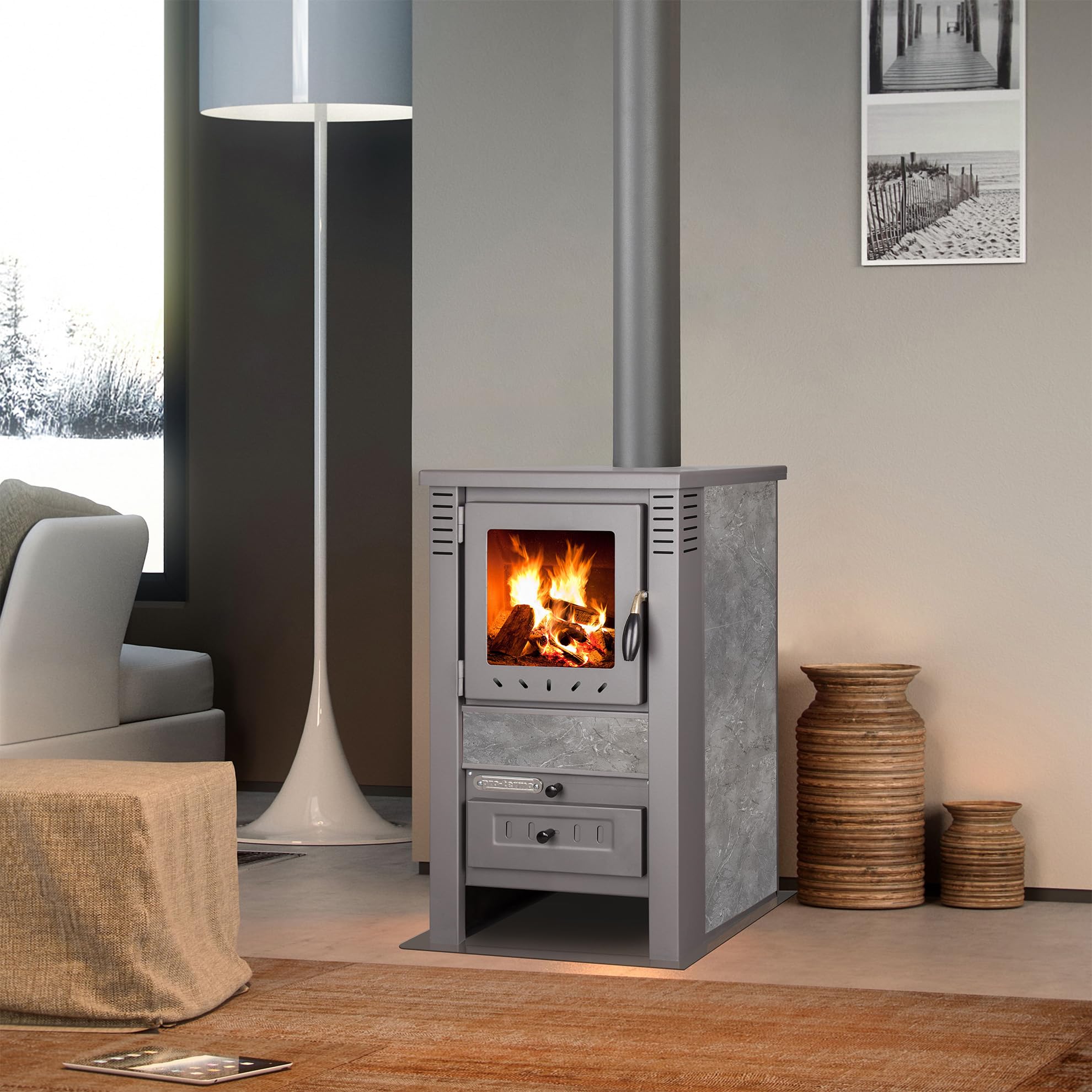 ProTermo Nova G Anthrazit Kaminofen mit Schamottsteinen - 7,5 kW Heizleistung - 82x48x48cm Kaminofen Holzofen mit Sichtfenster, Bauart 1