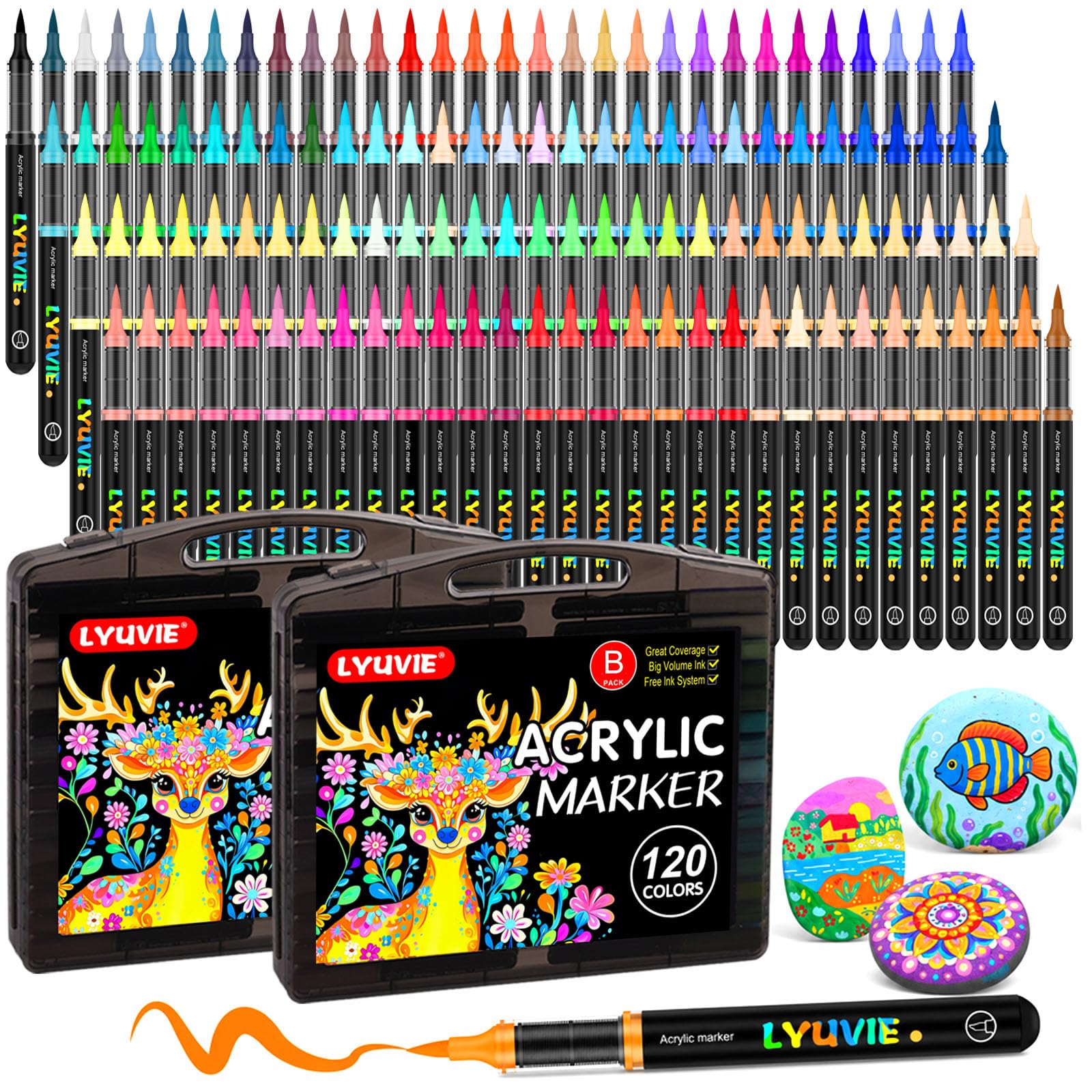 Lyuvie 120 Farben Acrylstifte für Steine WasserfestSet, Permanente Acrylic Paint Marker Acrylstifte für Holz, Stein, Papier, Stoff, Kieselsteine, Glas, Kunststoff, Bastelbedarf
