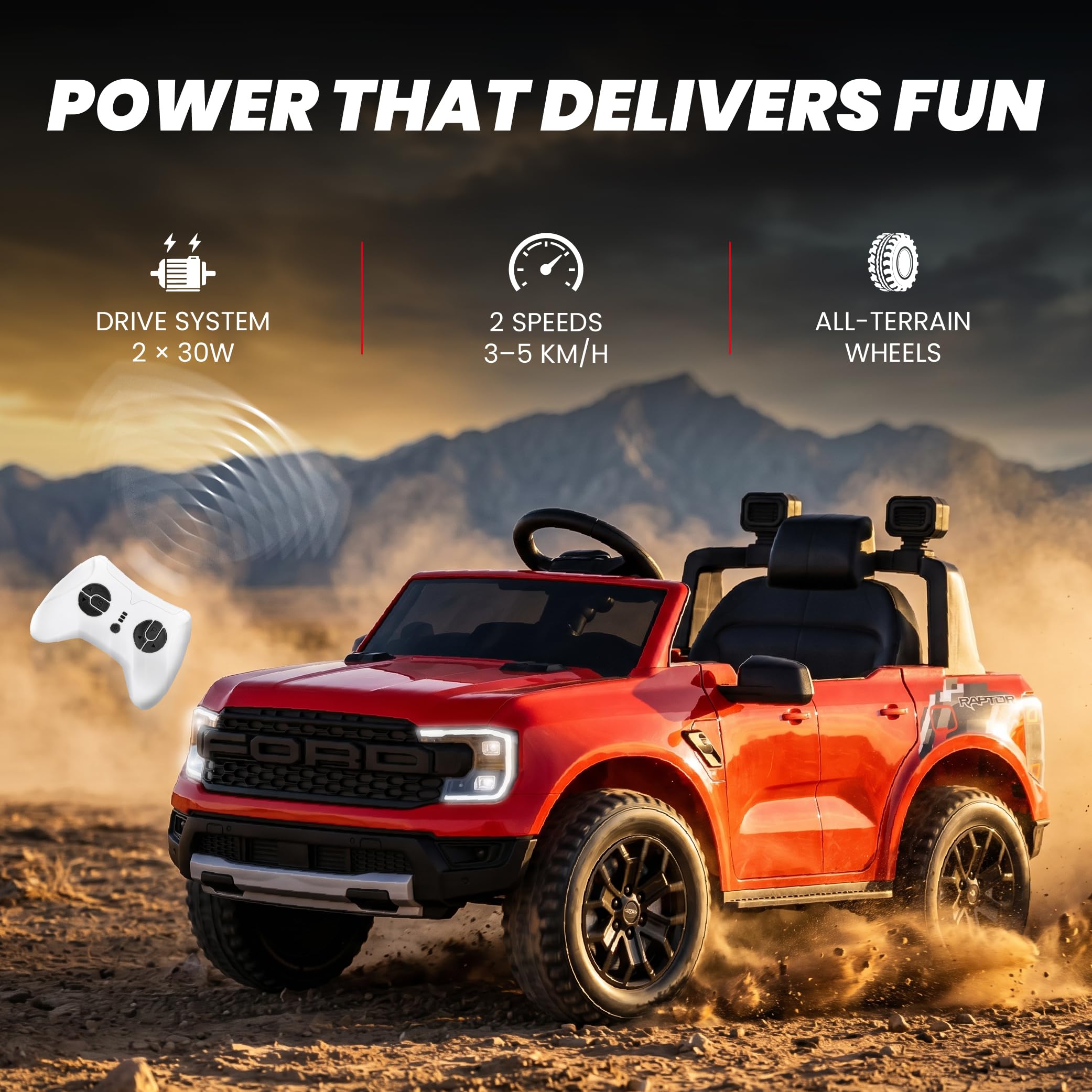 SUN BABY Ford Raptor - Auto Elettrica per Bambini 3-6 Anni, Macchina Elettrica 12V 4,5Ah, Telecomando Genitori, MP3, Luci LED, Sospensioni - Rosso