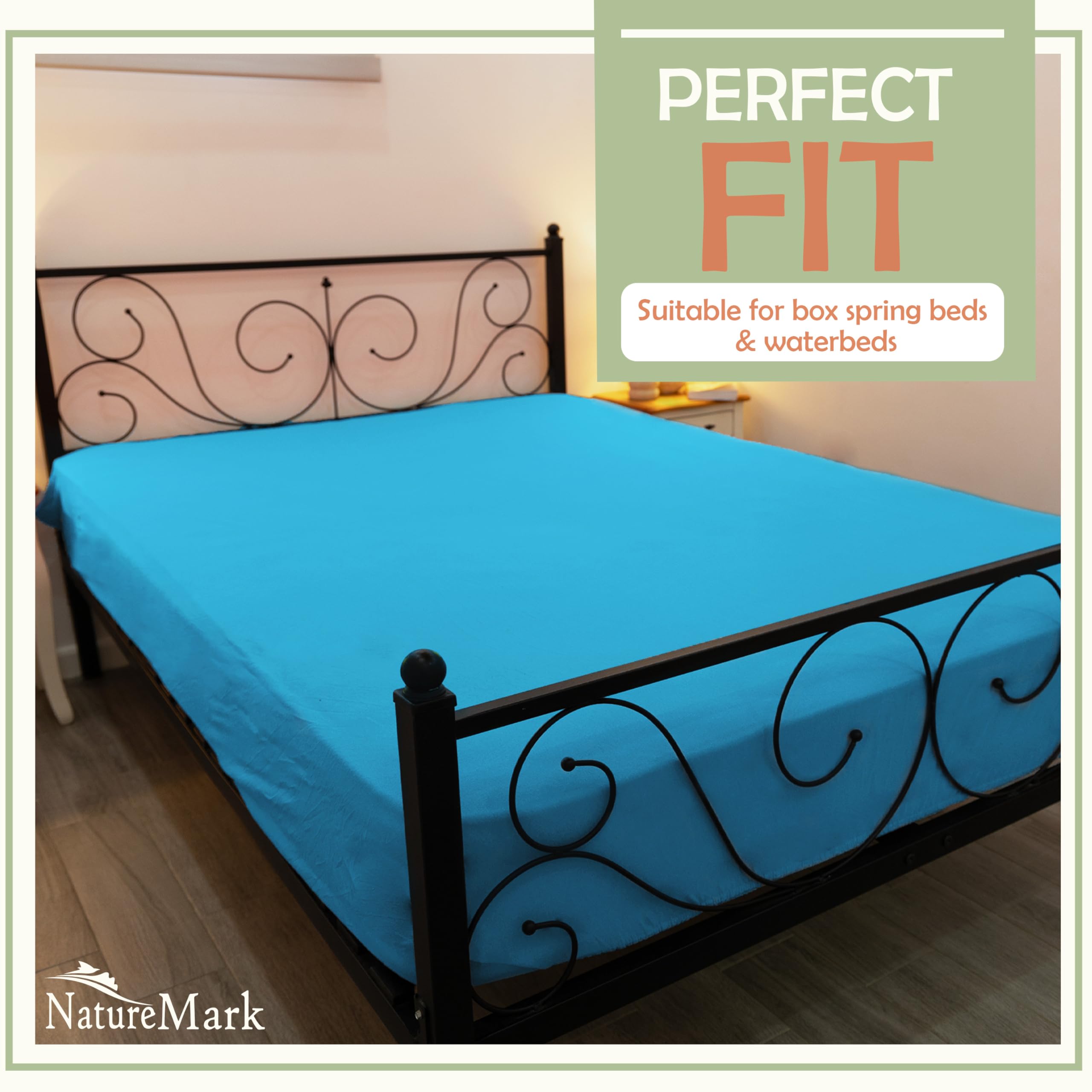 NatureMark Microfiber Fitted Sheet - Soft, Breathable & Comfortable - With Elastic Band - 180 x 200 cm - Turquoise - Image 2