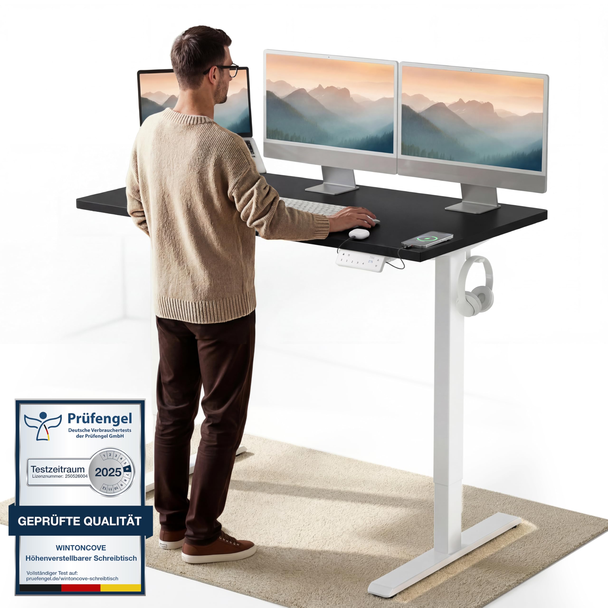Elektrisch Höhenverstellbarer Schreibtisch 120x60 & 160x80 cm - Flüsterleiser Dual-Motor, Anti-Kollision, Memory-Funktion, Kabelmanagement inklusive
