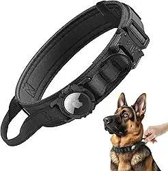 Coleira tática para cães Airtag [preta, GG], coleira de cachorro com etiqueta de ar militar, coleira para cães de treinamento pesado, coleira de cachorro com GPS ajustável para AirTag com suporte Apple AirTag e alça de controle para cães médios e grandes