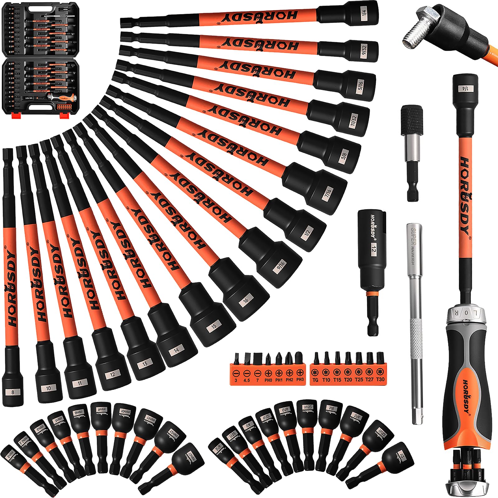 HORUSDY 59pcs Magnetic Nut Driver Set with 6-in-1 Ratcheting Screwdriver Handle, SAE &amp; Metric 1/4 Inch Hex Shank Socket Set for Impact Drill with Quick-release Bit Holder and Extension Bar