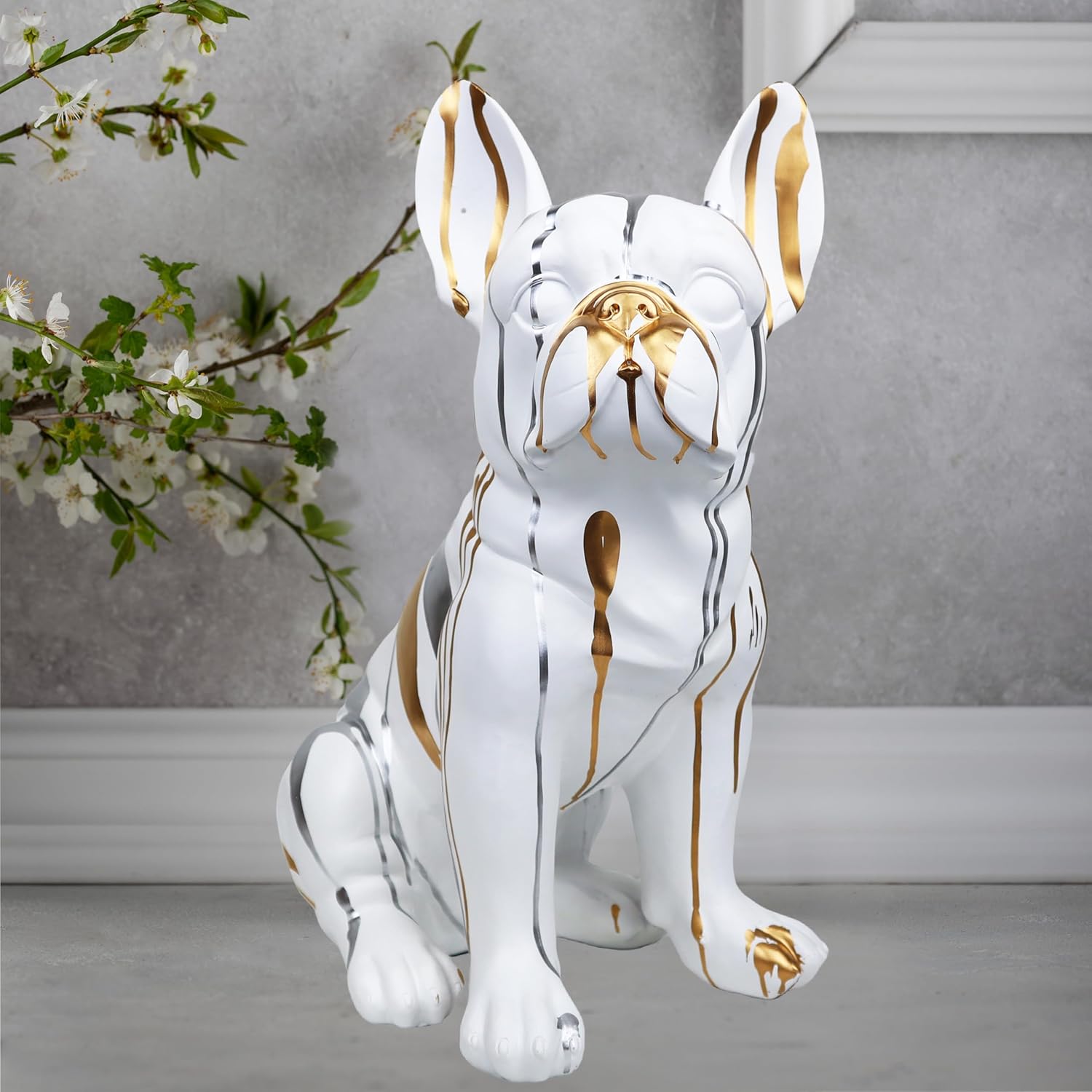 Bulldog Statue French Dog Sculpture Animals Home Decor Resin Figurine Accent for Bedroom Book Shelf Decorations Gifts for Animal Lovers (19.6Inch)