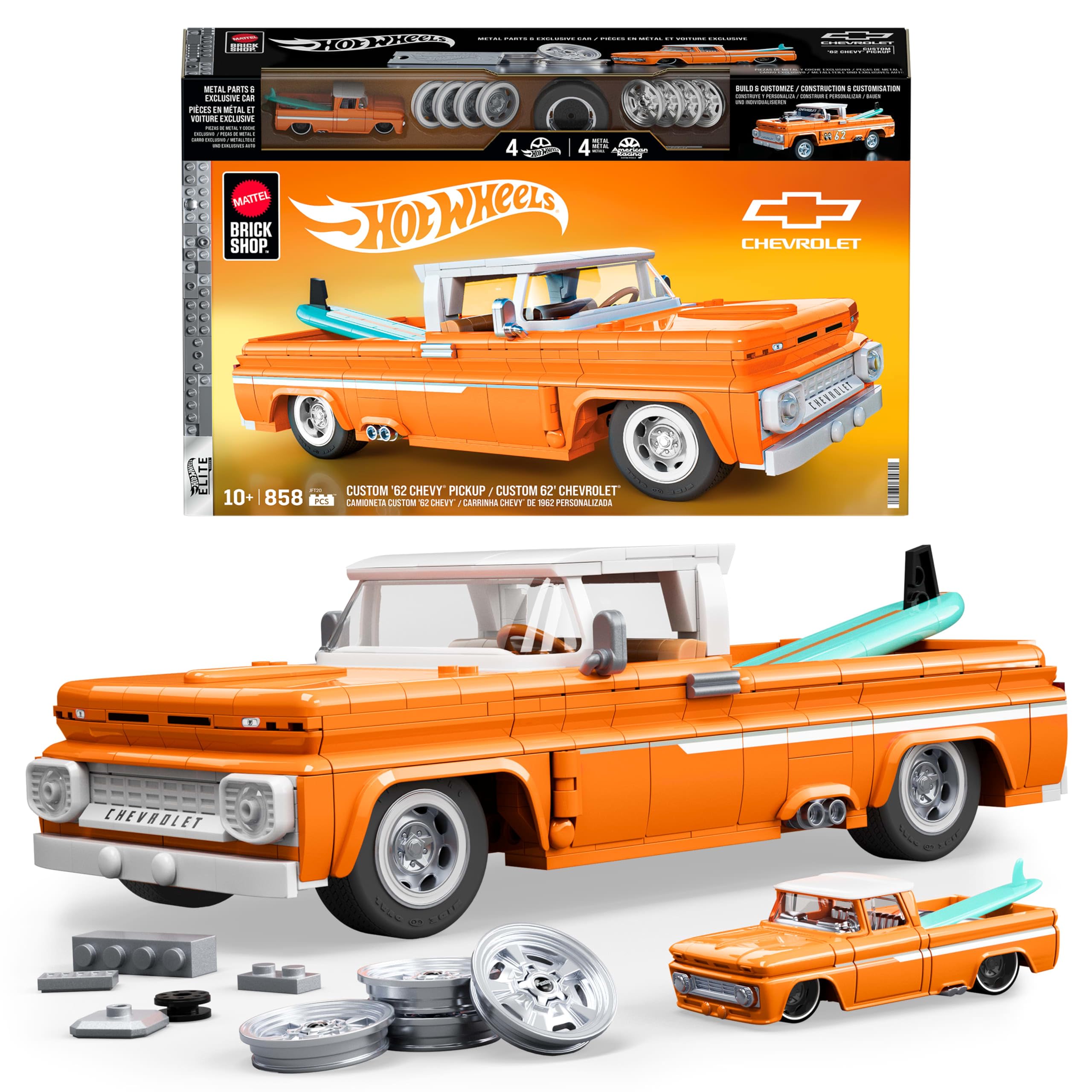 Mattel Brick Shop Hot Wheels Elite Series Building Set, Custom ’62 Chevy Pickup with 858 Pieces, Realistic Details and Custom Decals, Adult Collectors and Kids Ages 10+, JFT20
