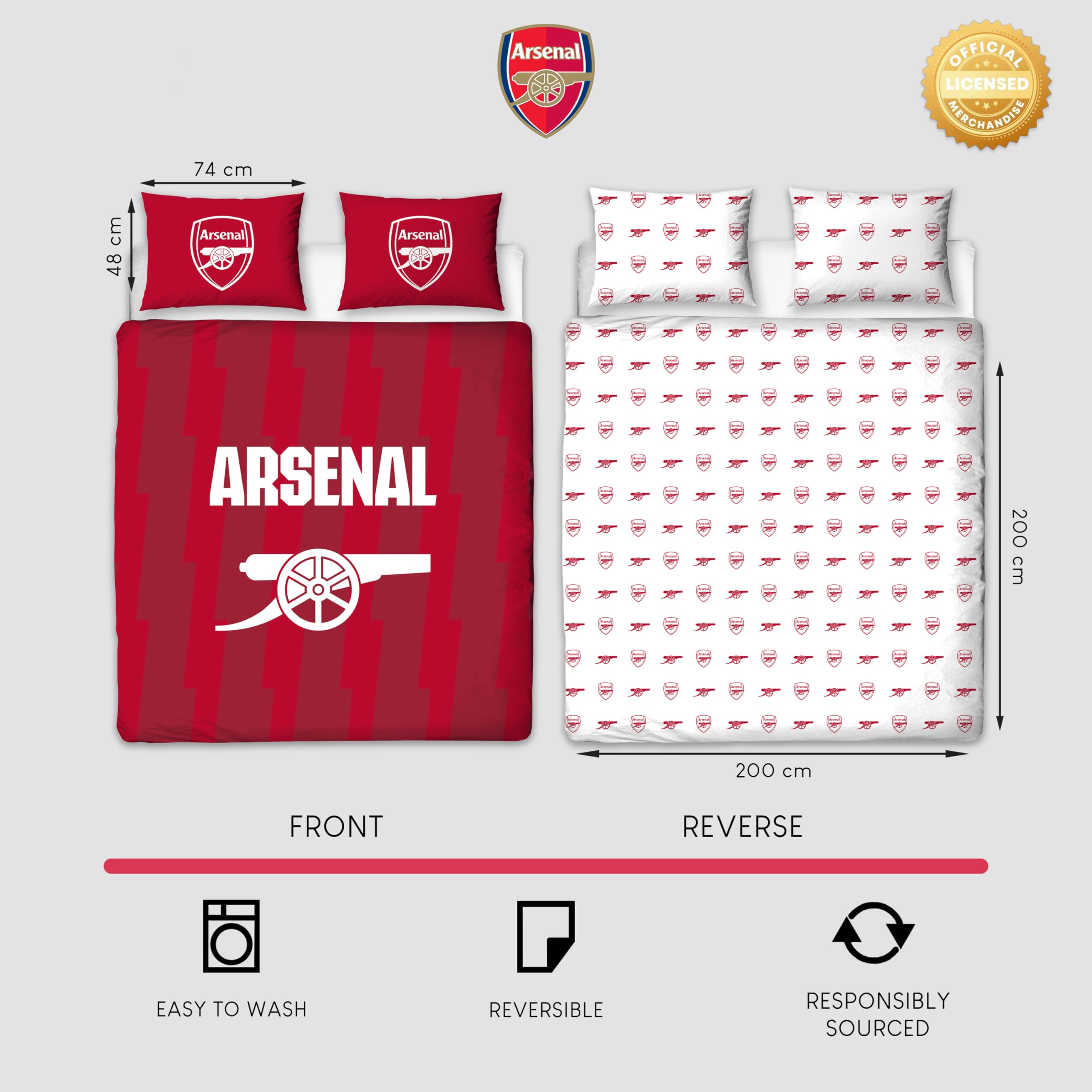 CHARACTER WORLD Arsenal FC Official Double Duvet Cover Set, Geometric Design, Multicolor - Image 3