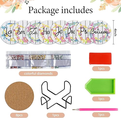 Miniatura 2 de Juego de 8 posavasos de arte de diamantes con soporte, posavasos rústicos inspiradores para principiantes, adultos, niños, suministros de