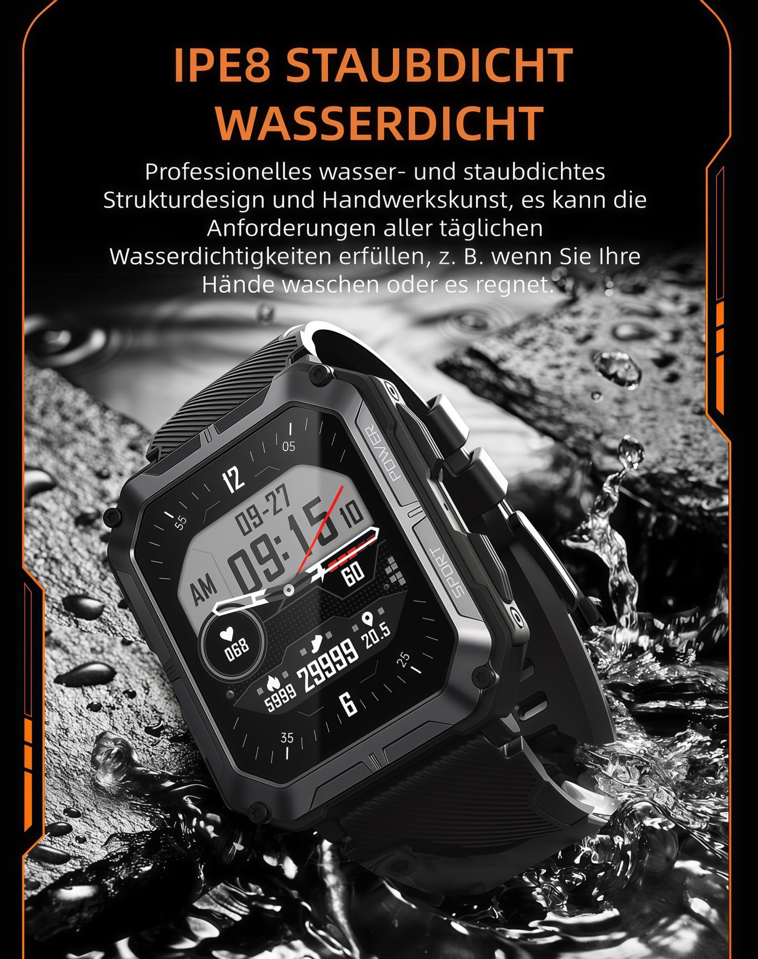 Thor Die Stabilste Smartwatch Originale smarte Sportuhr für Herren mit Telefonfunktion, Schrittzählung, Herzfrequenzüberwachung und Blutdruckmessung (orange Farbe)