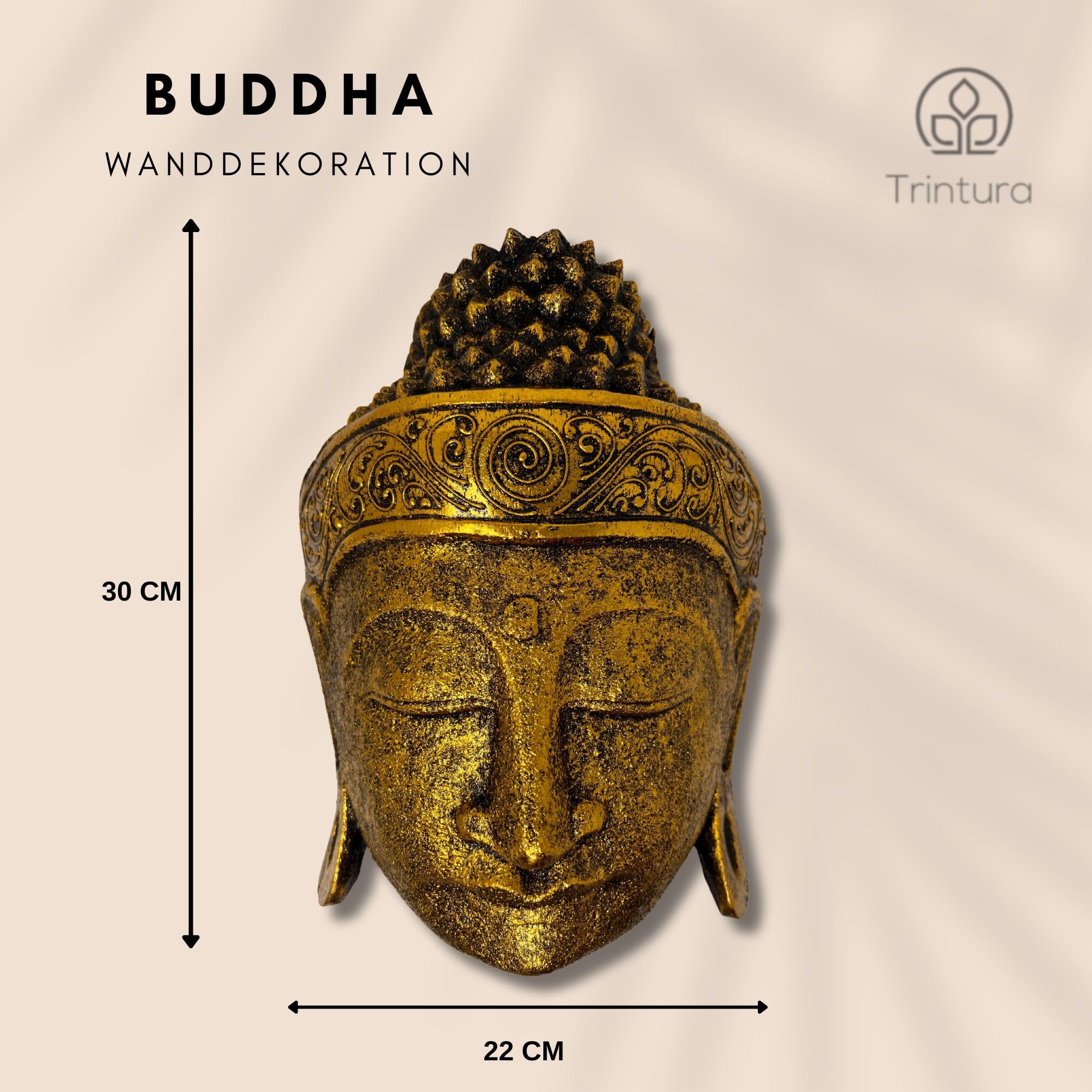 Decorazione da parete Buddha maschera testa statua oro nero legno accessorio per la casa 30 cm