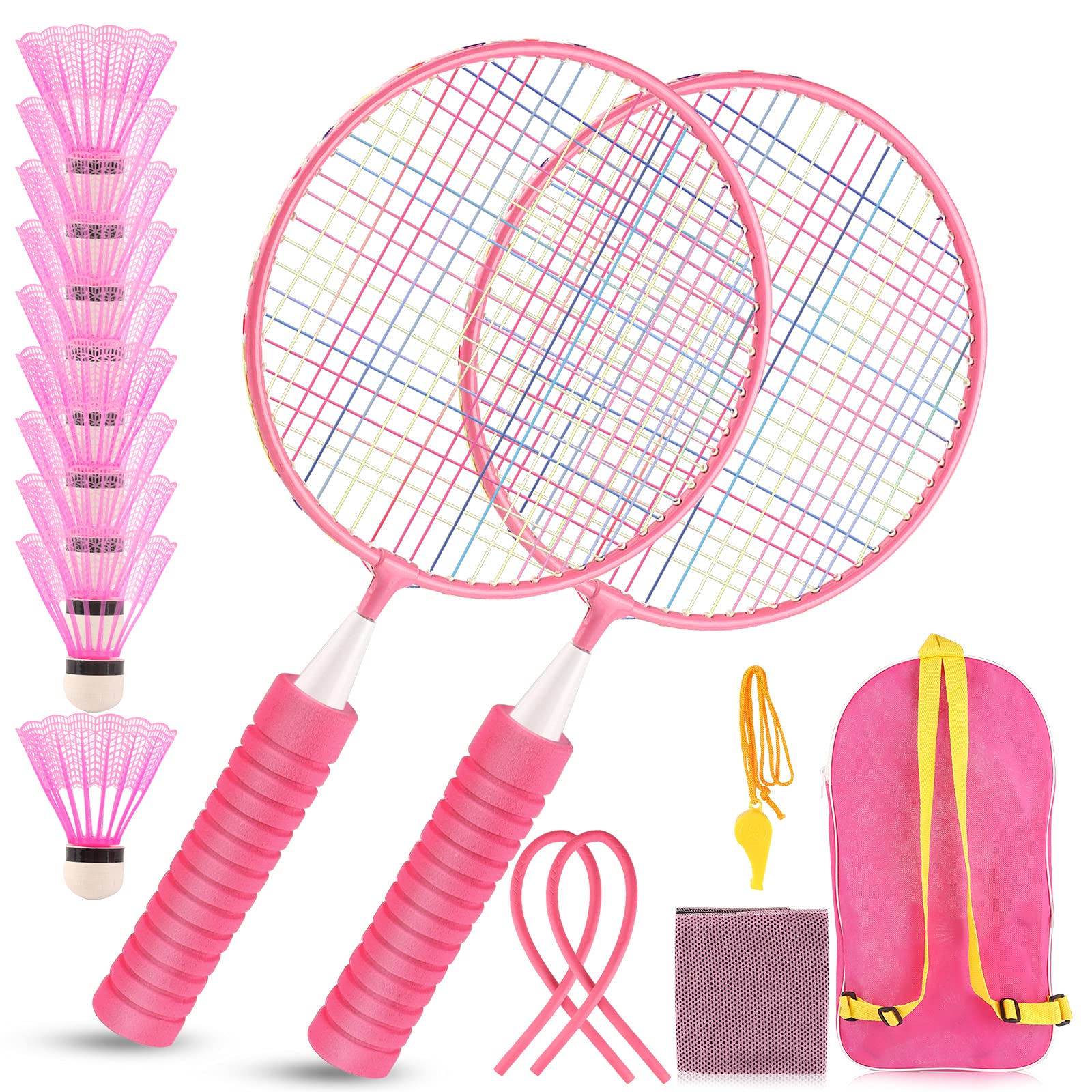 Set da badminton per bambini, resistente, set di racchette da badminton, per attività indoor e attività sportive all'aperto, inclusi 10 badminton e 2 racchette da badminton (rosa)