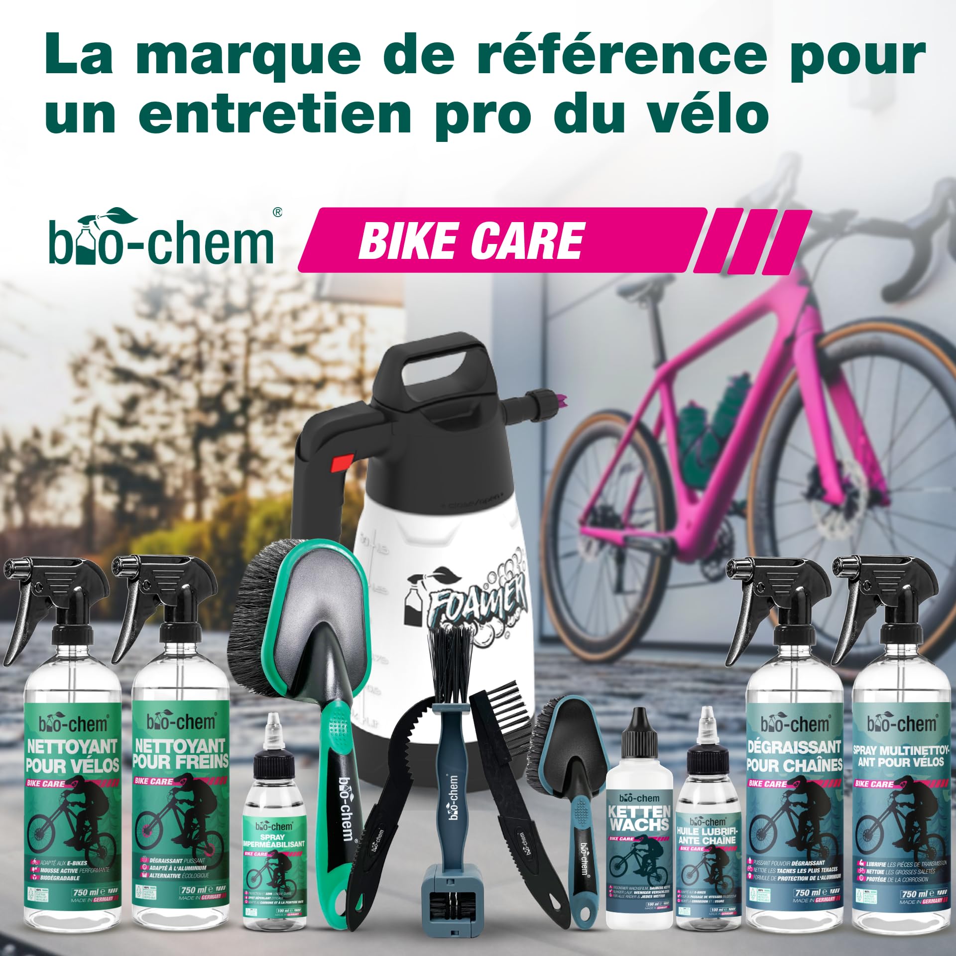 bio-chem Système de cire pour chaînes 7 produits pour vélos | Dégraissant vtt 1L - Cire pour chaine de vélo 100ml - Shaker + chiffon microfibres + set 3 brosses de nettoyage