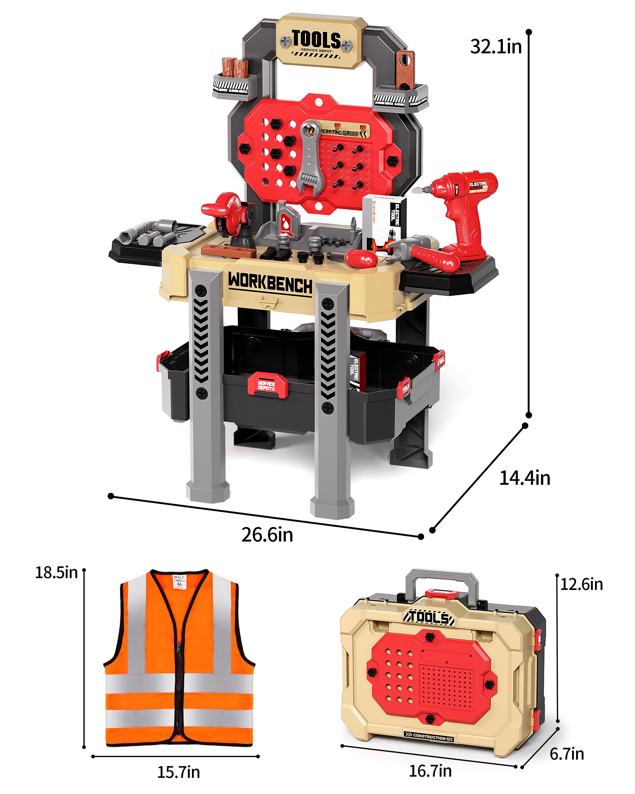 Jovow Établi pour enfants, 79 pièces, kit d'outils de simulation transformables avec perceuse électrique et vêtements de travail, jeu de rôle pour enfants, jeu éducatif, cadeau pour garçons à partir
