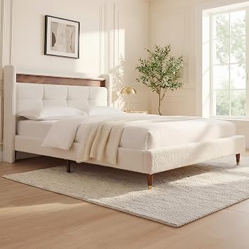 Welzona King Size Bed Frame, 51" Tall Wingback Tufted Headboard, Soft Teddy Fleece Upholstered Bed Frame, LED Lights & USB/Type-C Port and Double Storage Shelf, No Box Spring Needed, Easy Assembly