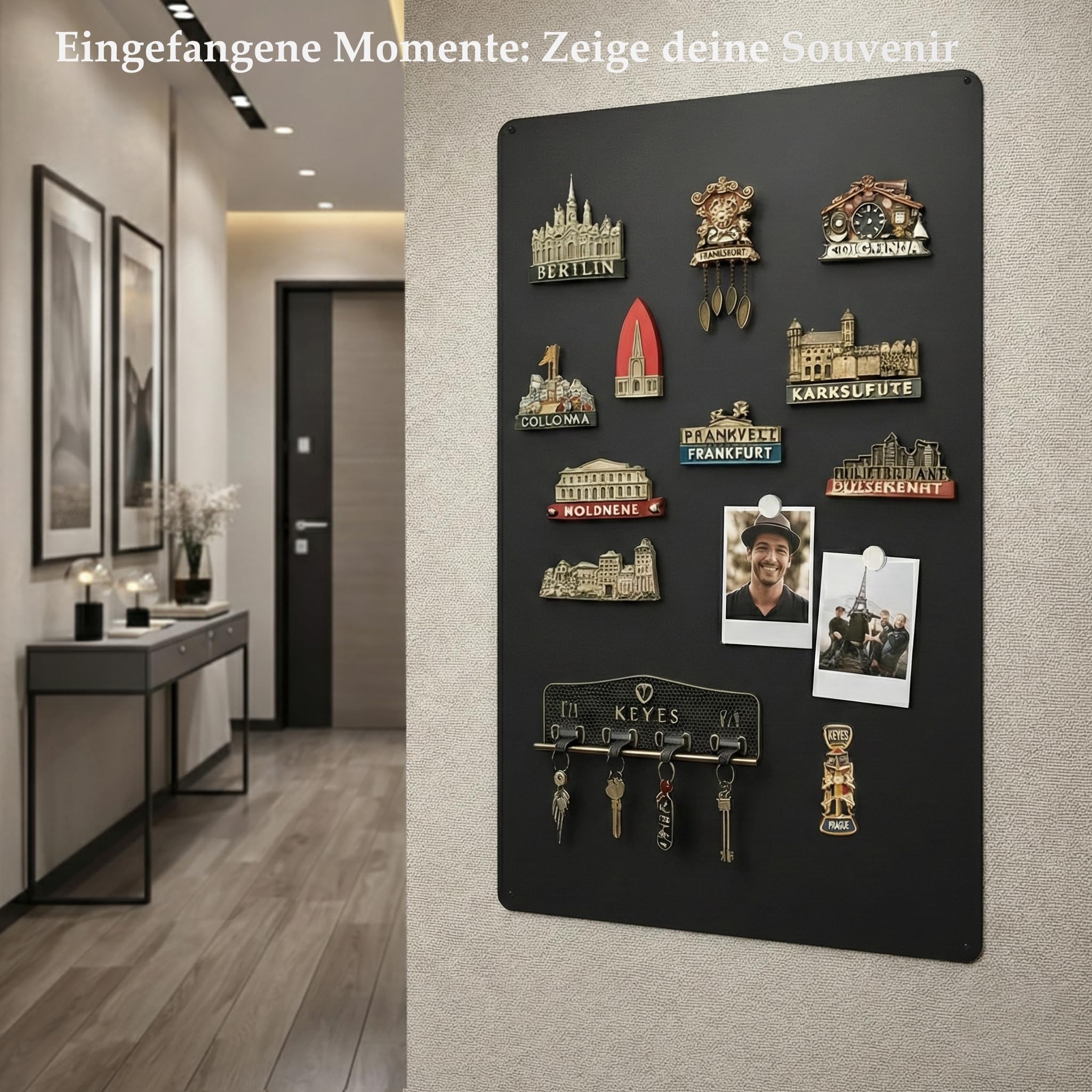 Tableau magnétique noir - Grand - 60 x 90 cm - Élégant - En métal - Pour aimants de voyage et souvenirs - Tableau d'affichage décoratif pour le salon pour collectionneurs passionnés
