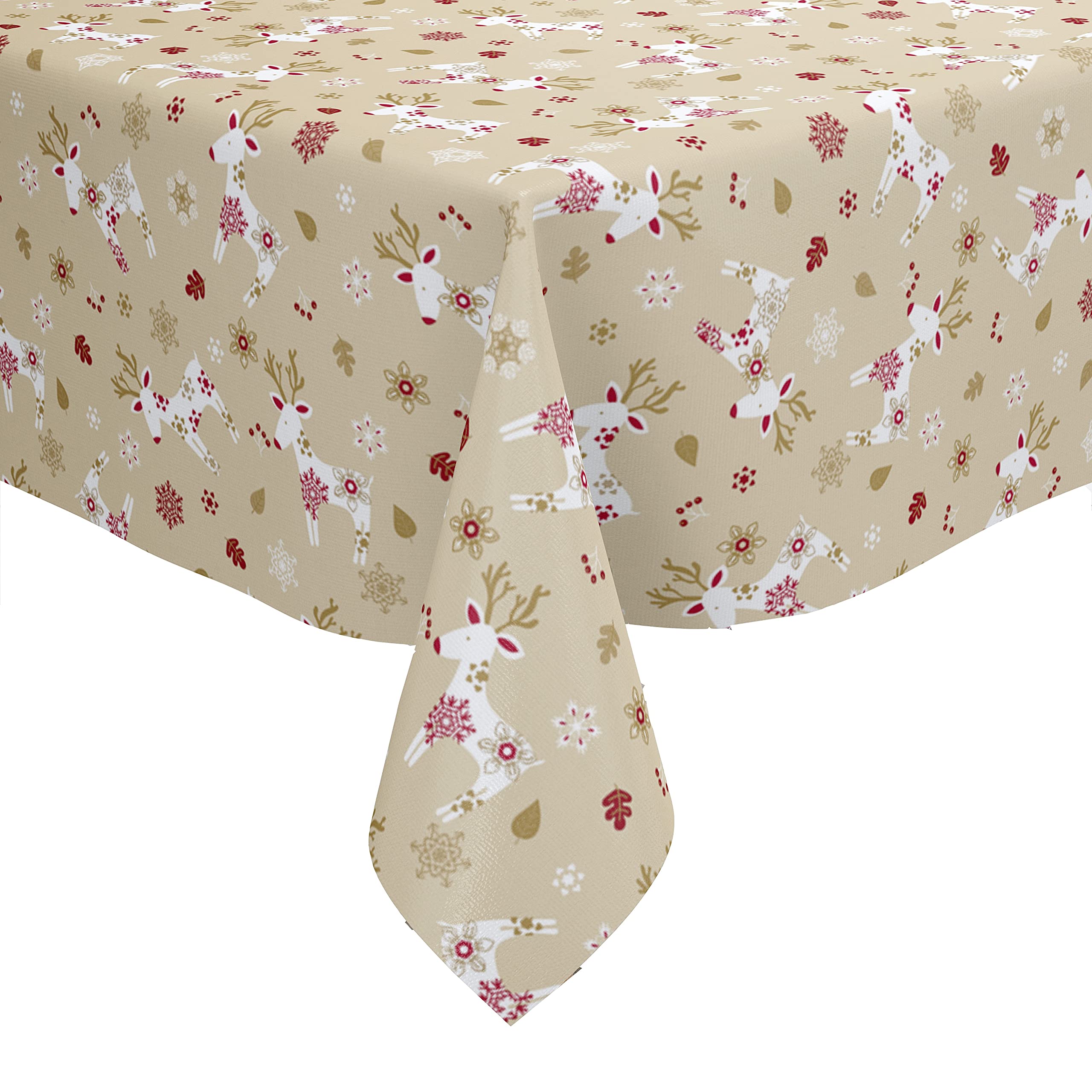 Karina Home Scandi Christmas Reindeer PVC Vinyl Wipe Clean Oilcloth Tablecloth (200cm x 140cm, Cream), 78.7 x 55.1 inch (Rectangular)