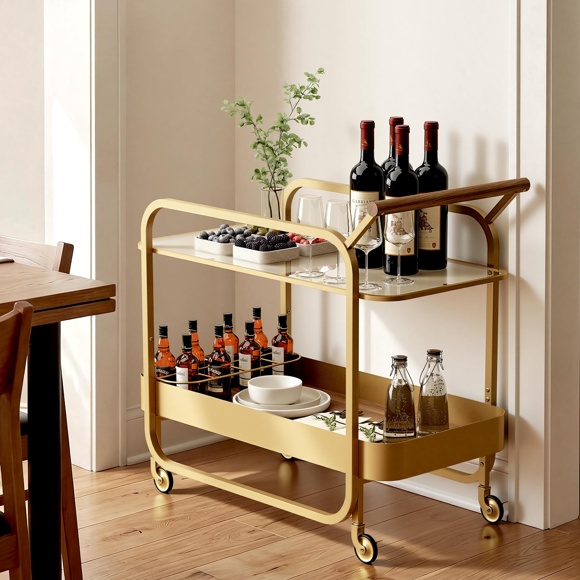 Carrito de Bar 2 Niveles, Carrito de Bebidas con Bandeja de Vidrio Templado y Rejilla para Botellas, Carro de Bar con Ruedas Bloqueables, Carrito Multiusos para Cocina, Salón, Dorado