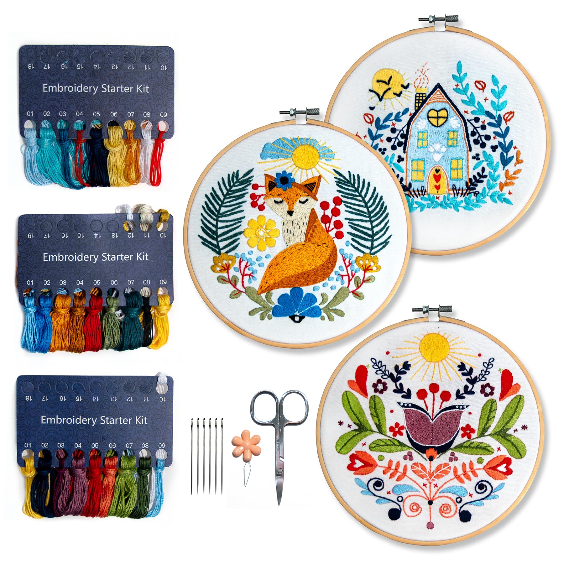 Hearthfire Hygge3-Pack Beginner Embroidery Kit for Adults | Scandinavian Folk Art Hand Embroidery Kit for Beginners Adults | Fox, House, Flower Embroidery Kit Beginner