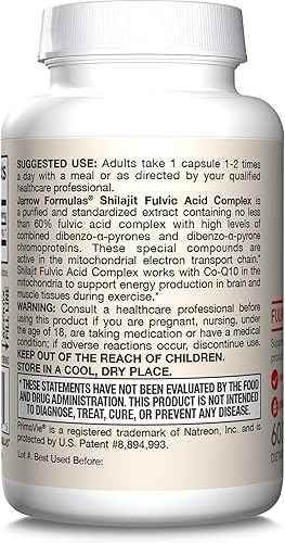 Miniatura 9 de Jarrow Formulas Shilajit 250 mg, suplemento dietético, complejo ácido Shilajit para producción de energía celular, 60 cápsulas vegetales, suministro