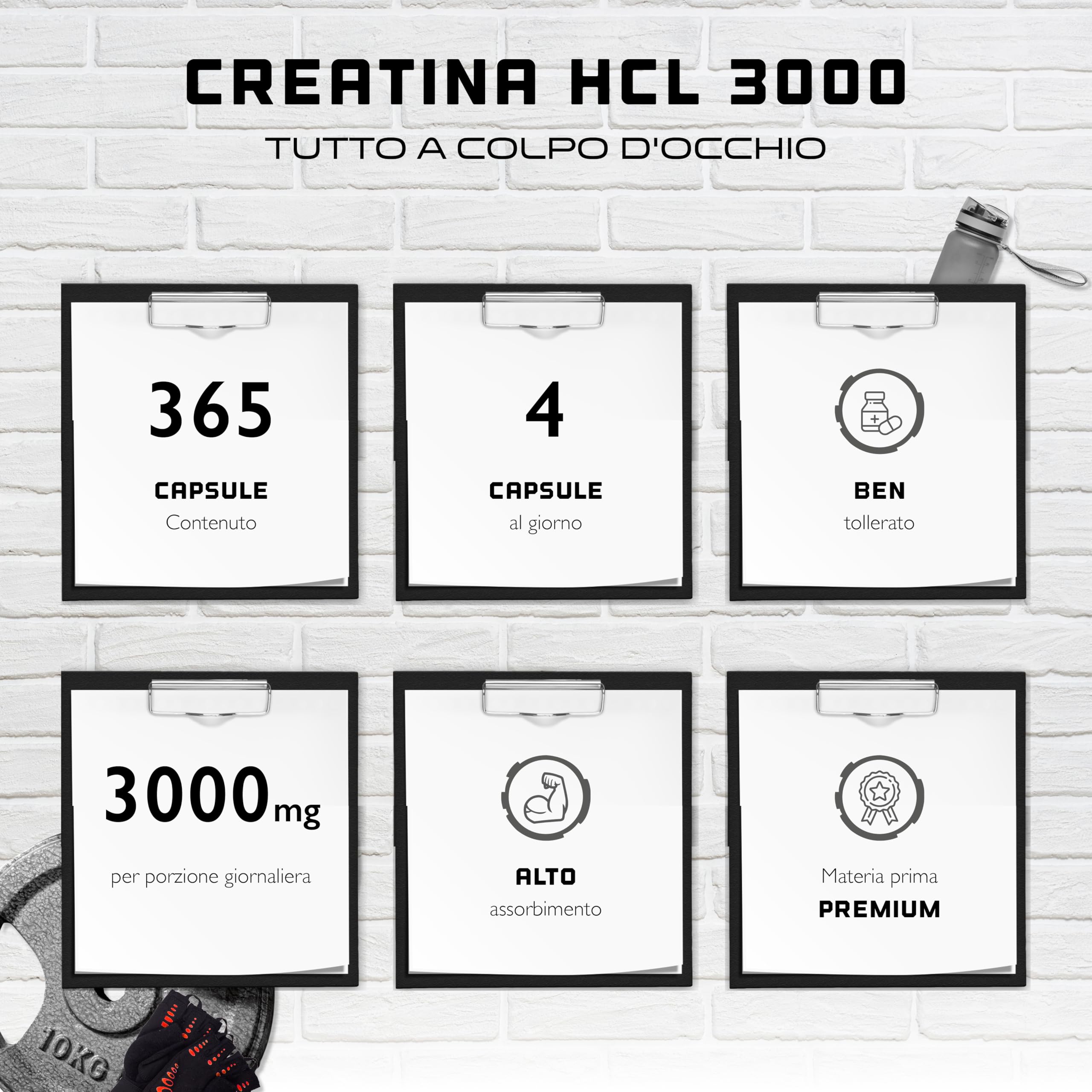Creatina cloridrato - 365 Capsule Vegane - Alto Dosaggio di 3000 mg - Puro Cloridrato di Creatina - Alto Assorbimento - Alta Biodisponibilità
