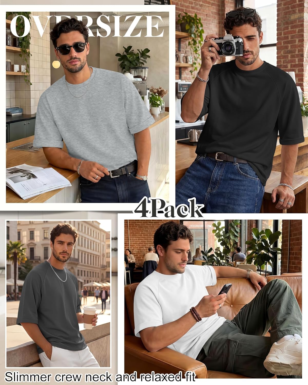 4 Pack Oversized Shirts for Men Gym Short Sleeve T-Shirts Casual Workout Raglan Sleeve Tees Loose Fit Crewneck Top
