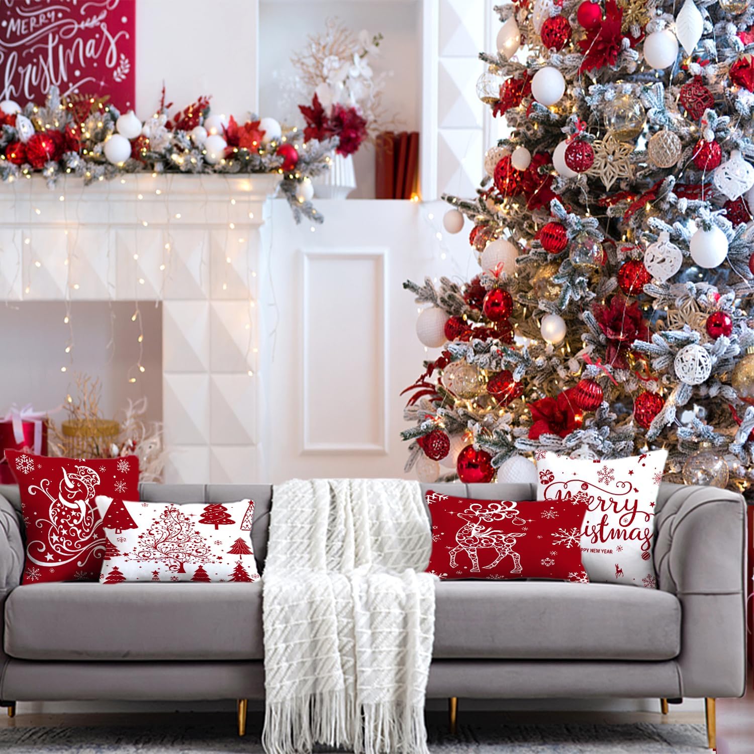 Artmag Red Christmas Throw Pillow Covers 22x22 Set of 4 Decorative Holiday Farmhouse Pillow Covers with Merry Christmas, Trees, Deer, Snowman Designs