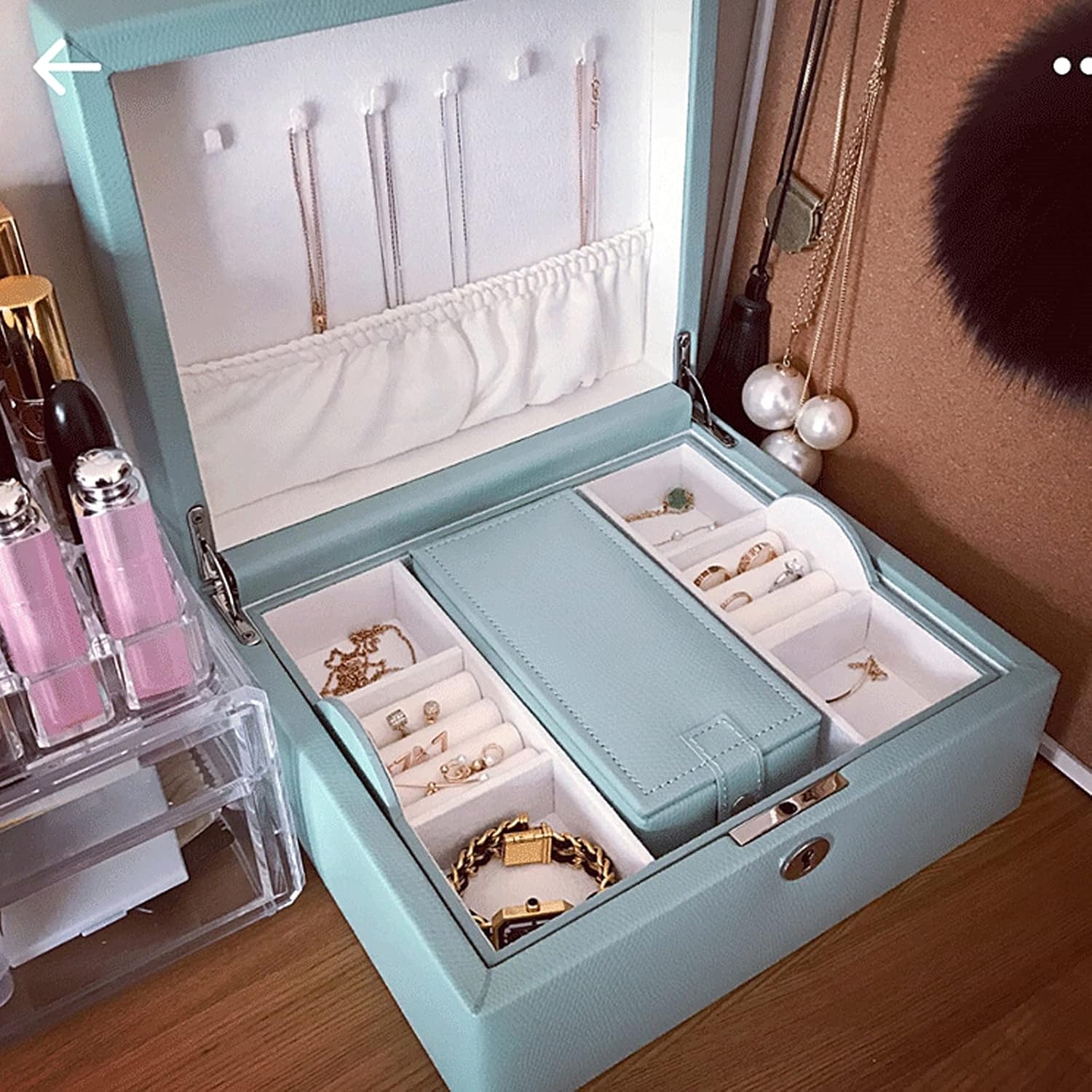 Jewelry Box Organizer 2 Tier Large Capacity Jewelry Box Pu Leather Jewelry Organizer with Mirror & Lock Earring Ring Necklace Storage Box