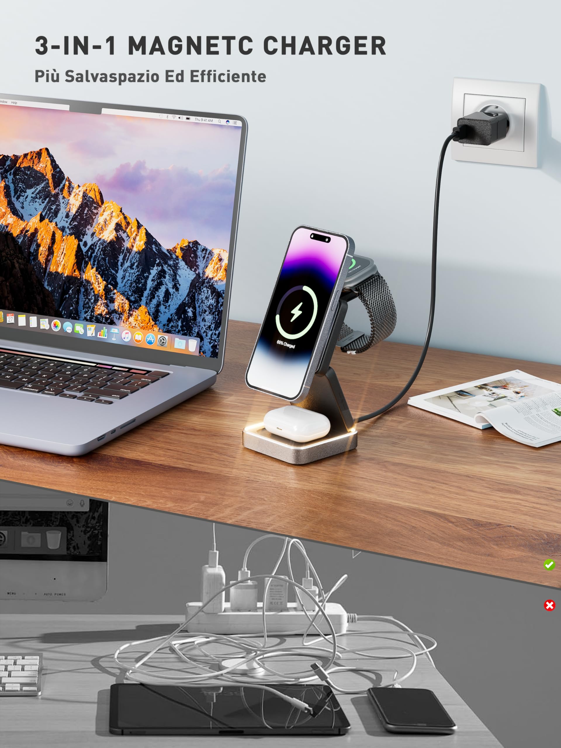 Tigratigro Caricatore Wireless 3 in 1 Pieghevole, Magsafe Stazione di Ricarica per iPhone Serie 16/15/14/13/12, iWatch 10/9/Ultra/8/7/6/5/4, AirPods 4/3/2/Pro (Nero)