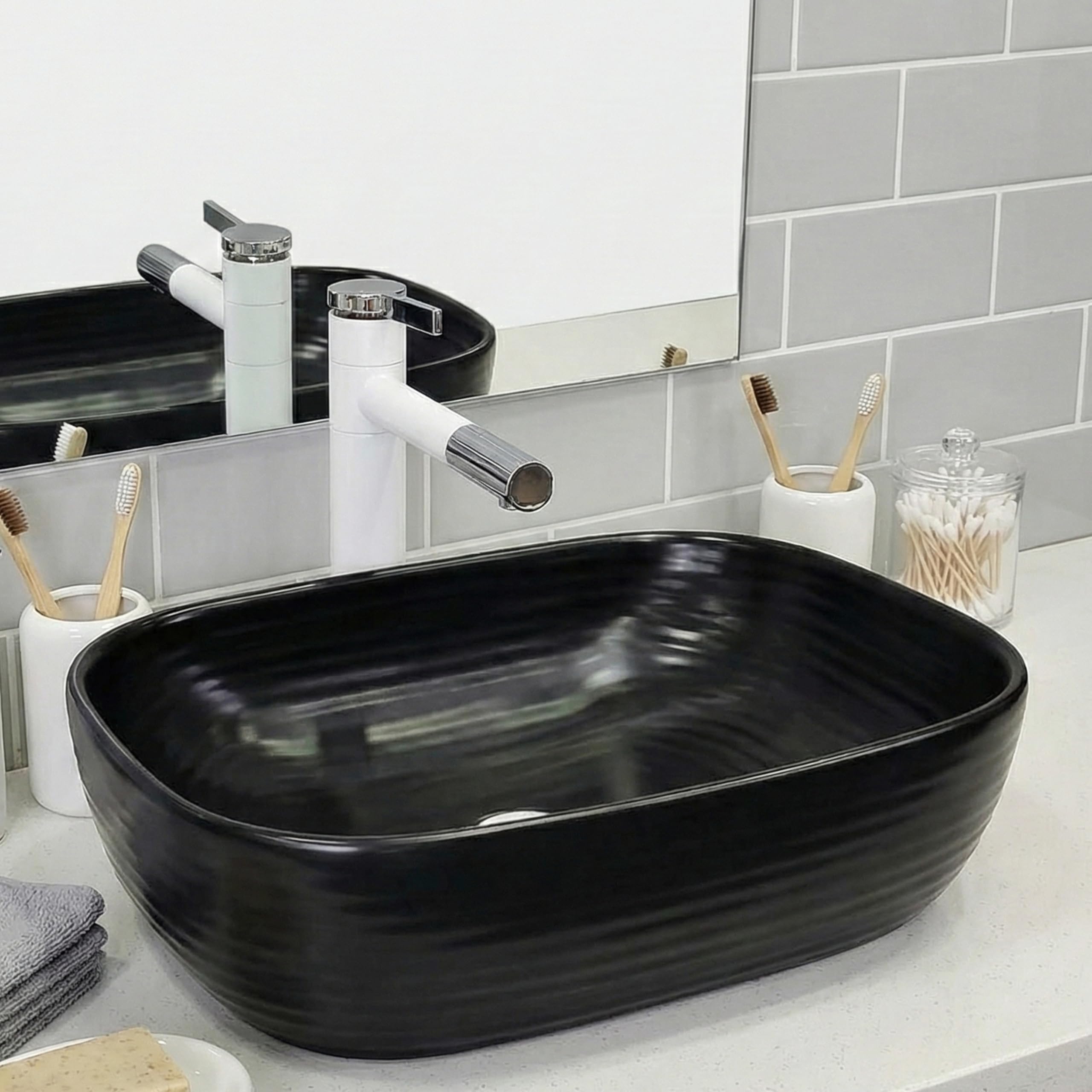 BASSINO 18x13x6 Inches Ceramic Counter Top Wash Basin/Black Basin for Bathroom/Modern Design/Rectangular Shape Tabletop Washbasin for Restaurant/Dining Hall/Living Room/Home(Glossy)