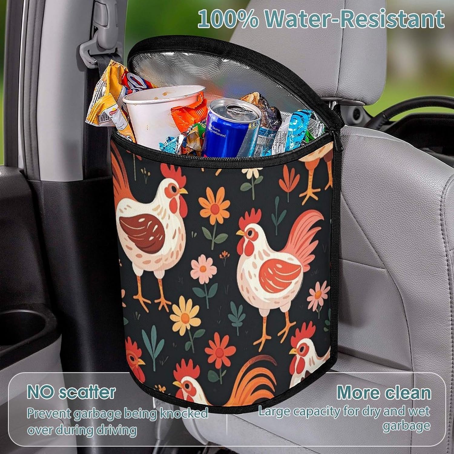 MUSM Leakproof Car Trash Can 2.5 Gallon, Durable Automotive Garbage Bag with Waterproof Liner, Cute Rooster Chickens Trash Bag for Car, Truck, RV & Bathroom